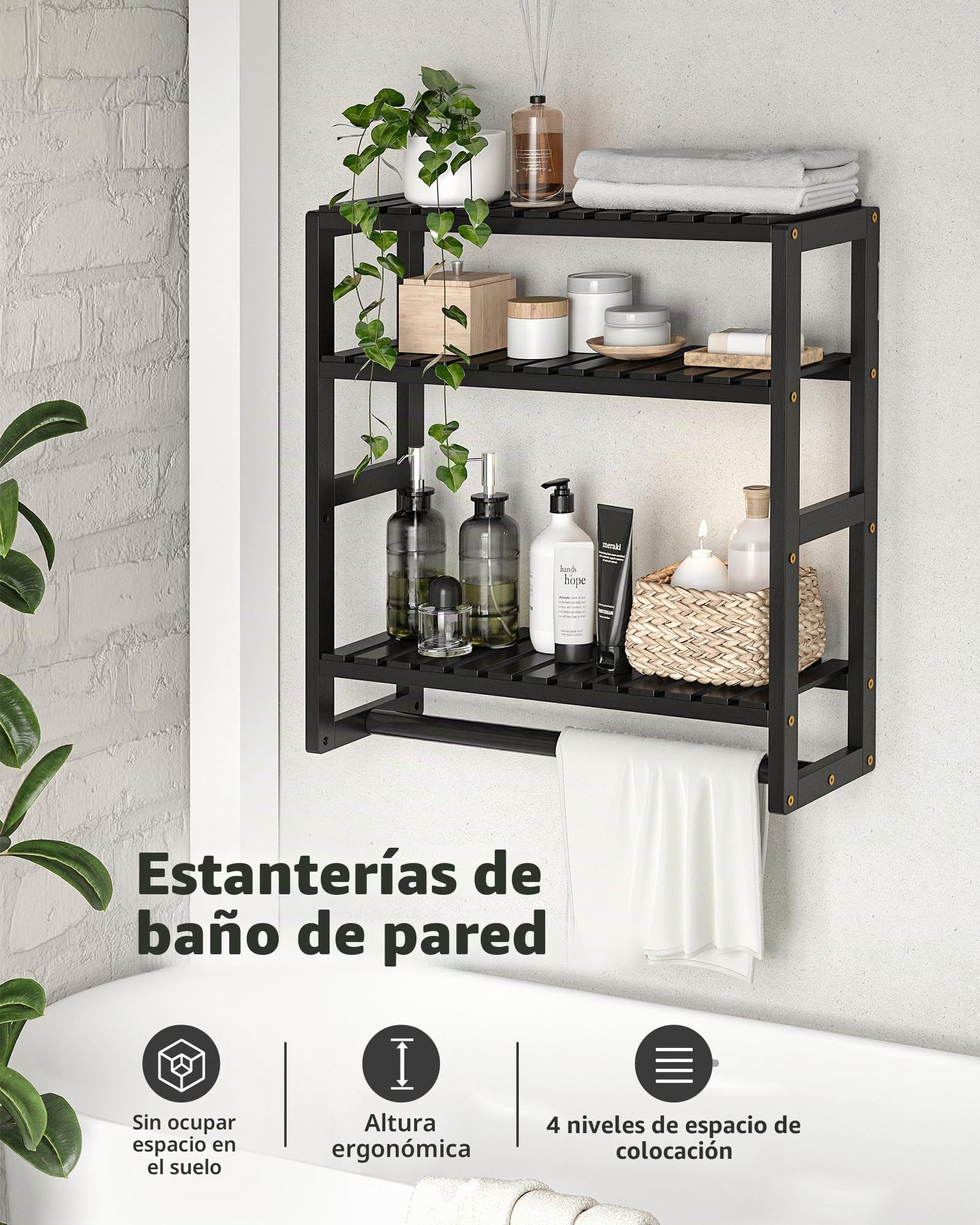 Galood Estante de baño para Almacenamiento sobre el Inodoro, montado en la Pared, 3 Niveles, Organizador de Estante de Esquina de bambú, toallero, Armario de Papel higiénico con Barra para Colgar, | Organizador de estante esquinero de bambú, toallero, arm