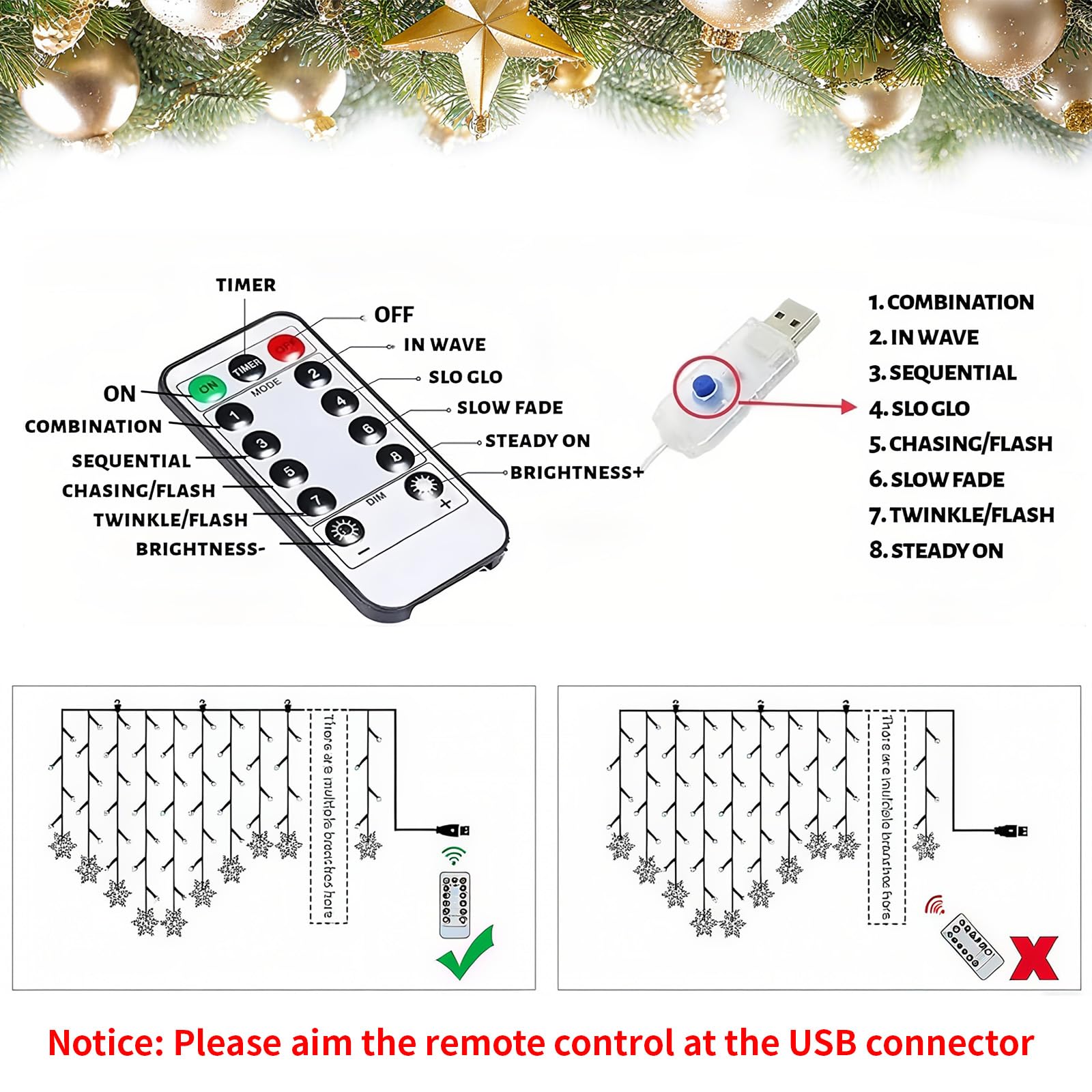 Lichterkette Schneeflocken Fenster Weihnachtsdeko,Schneeflocken Lichtervorhang mit Betrieben Fernbedienung Timer (Beige)