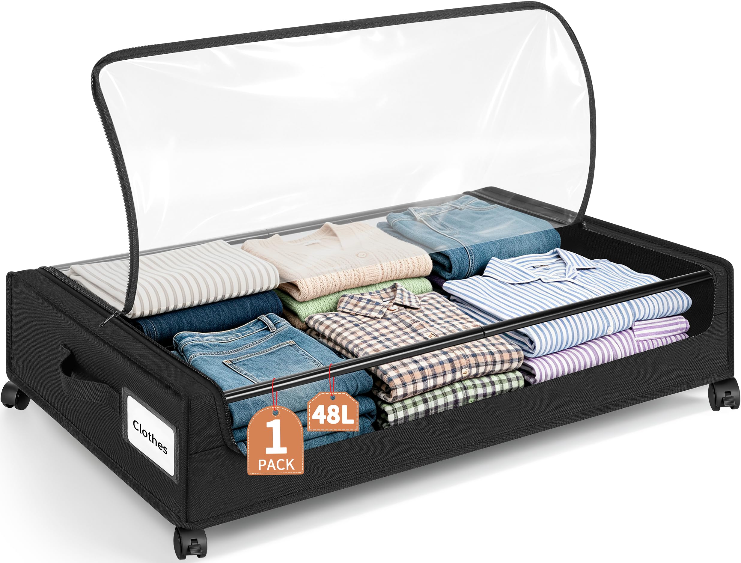 OUUTMEE 1 Pack 48L Under Bed Storage on Wheels with Clear Lids