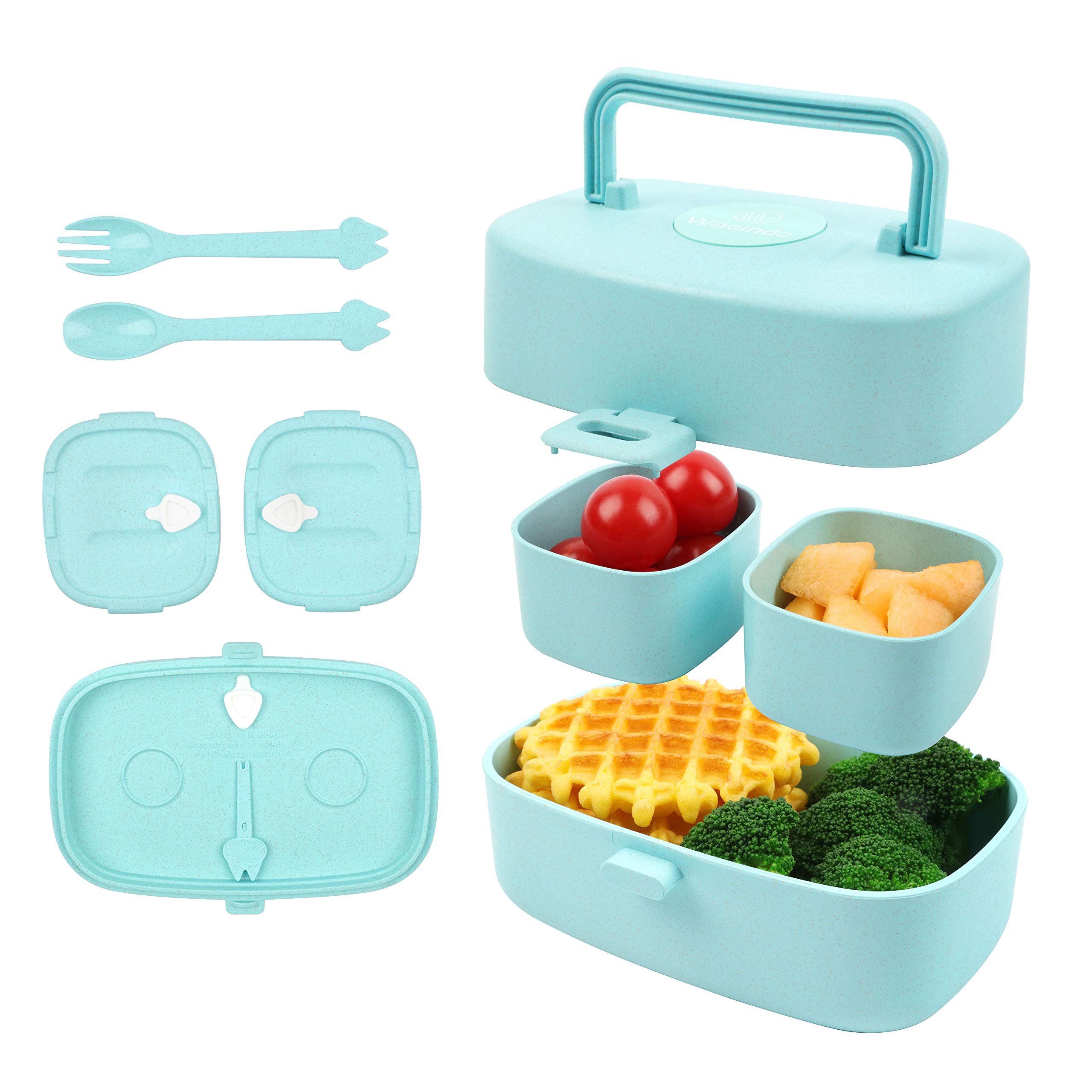 Wagindd Bento Box for Kids, Leak-Proof kids Bento Lunch Box - Wheat Straw, Stackable Japanese Bento Box, 3-in-1 Compartment Bento Lunchbox Meal Prep Containers for Kid (Blue)