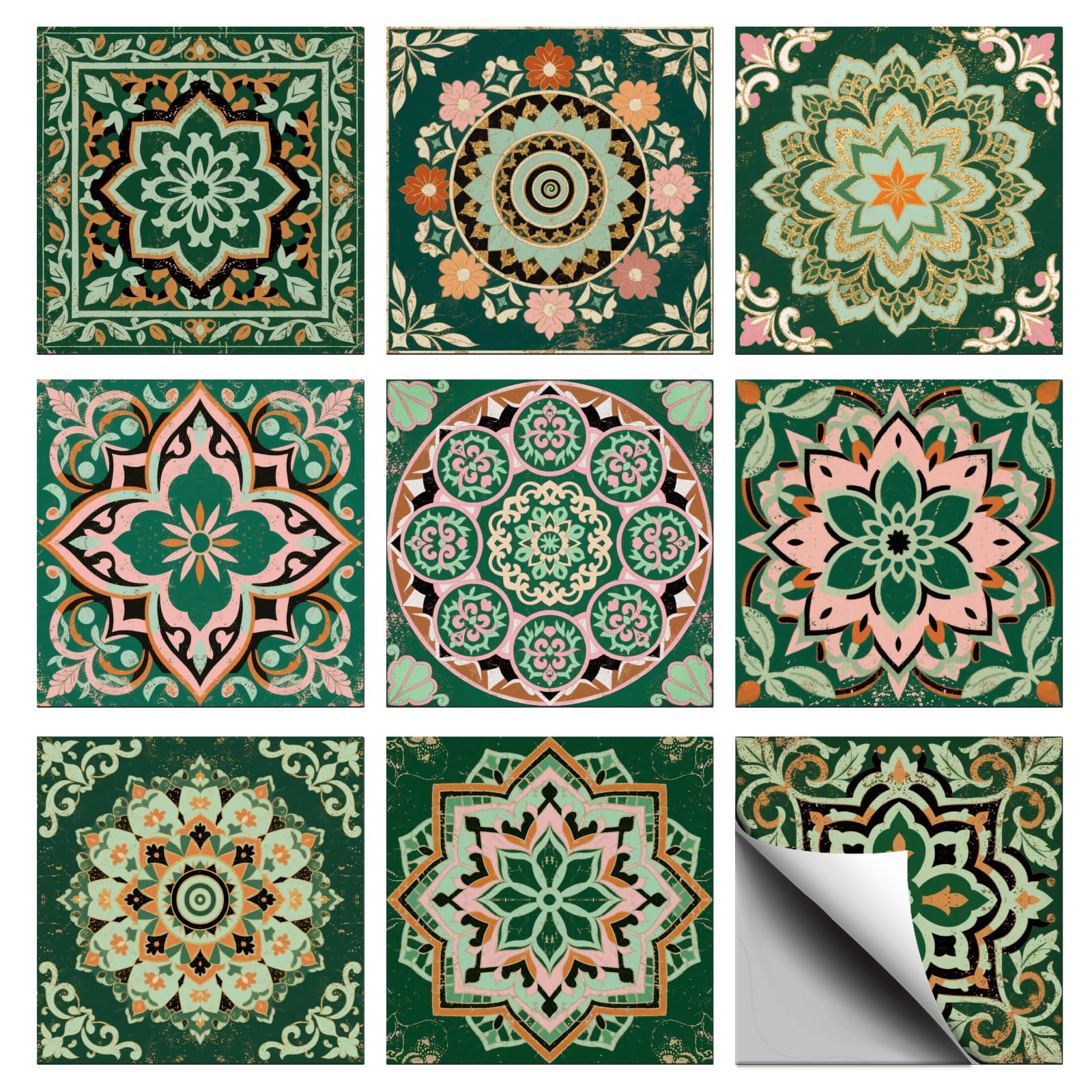 CHGCRAFT 36 Pcs 9 Styles Green Moroccan Geometric Texture Tile Stickers Peel and Stick Waterproof Self Adhesive Decals, for Kitchen Bathroom Wall Art Decor 4x4 Inch