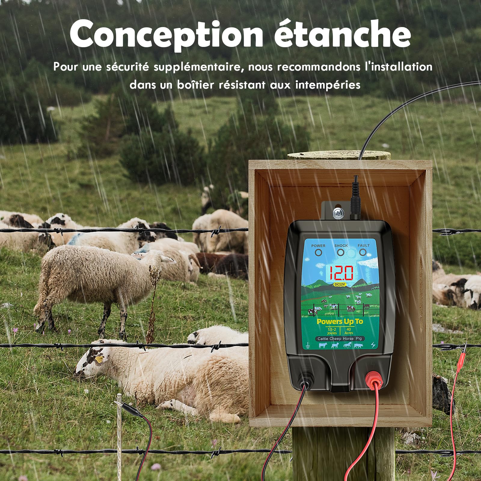 10KM Clôture Électrique pour Animaux, Puissante 2J electrificateur Clôture Électrique avec Écran LCD, Haute Puissance Étanche Clôture Électrique pour Ferme Jardin Pâturage