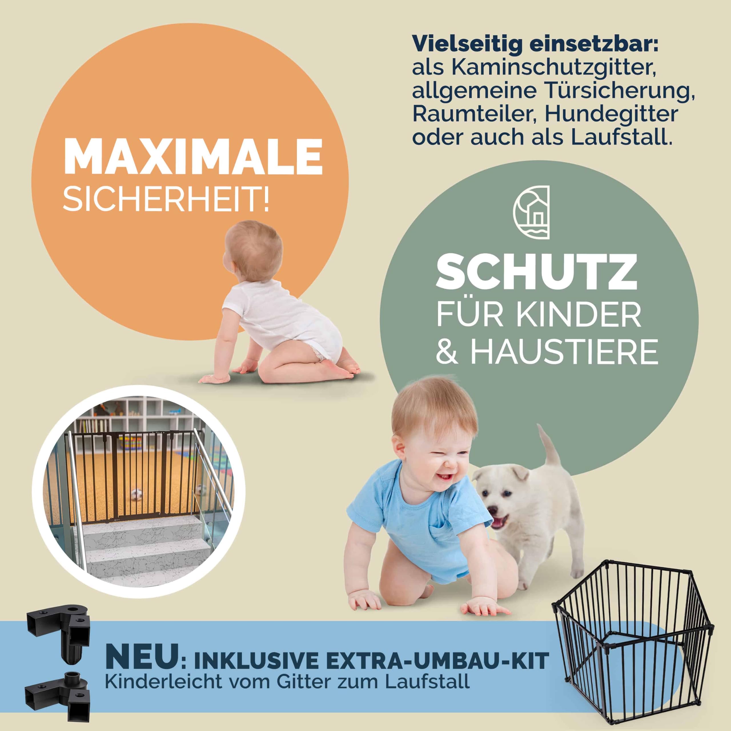 CASARIA Kaminschutzgitter Baby mit Sicherheitstür Metall 2X | 306x76 cm, ohne Bohren, Hundegitter, Kinderschutz, Türschutzgitter, Absperrgitter, Flexibler Einsatz als Laufstall, Schwarz