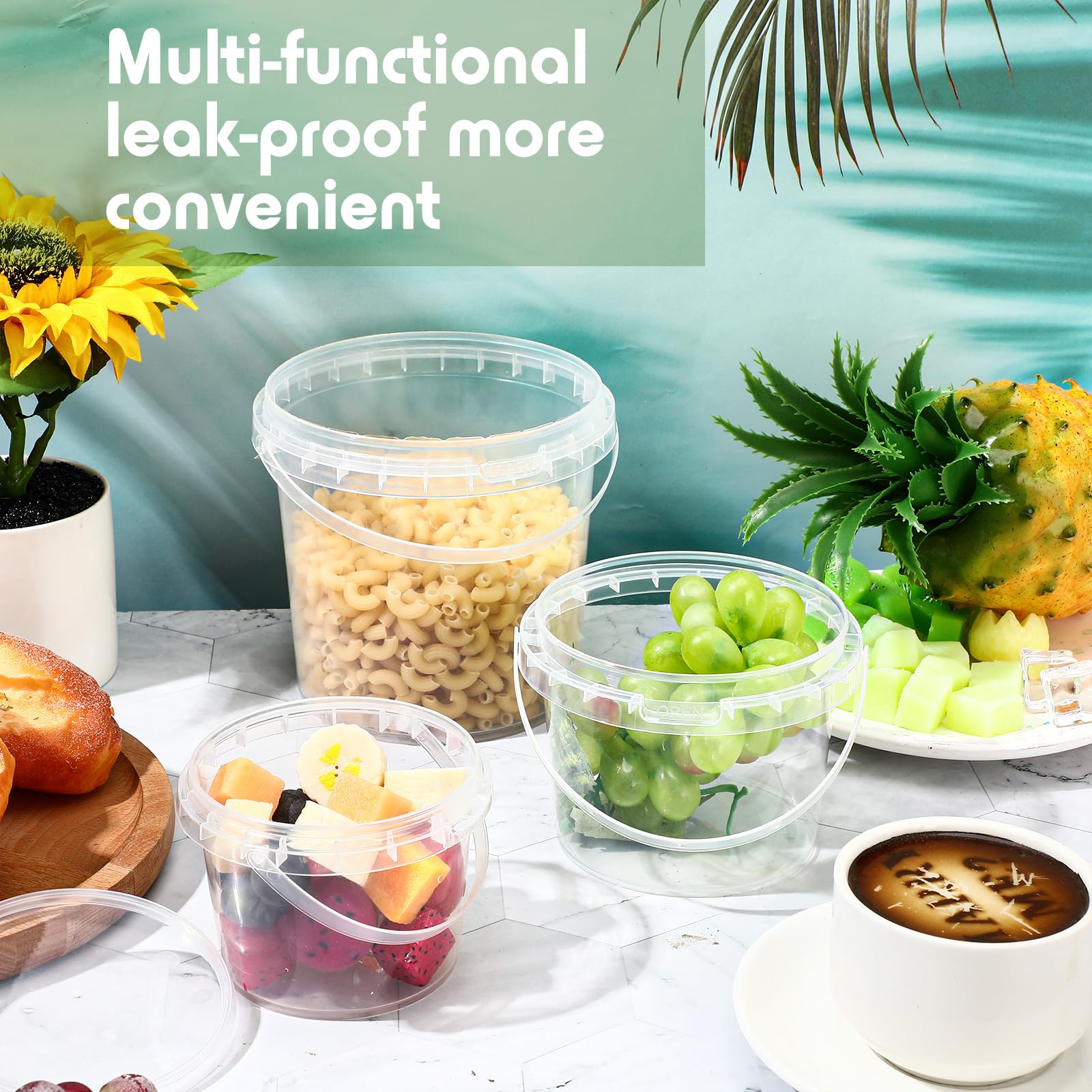 Vesici 60 Stück Eis-Eimer mit Deckel und Griff, 907 ml, 473 ml, 227 ml, Kunststoff, wiederverwendbar, transparent, Kunststoffwanne für Snacks, Delikatessen, Obst, transparent, auslaufsicher,