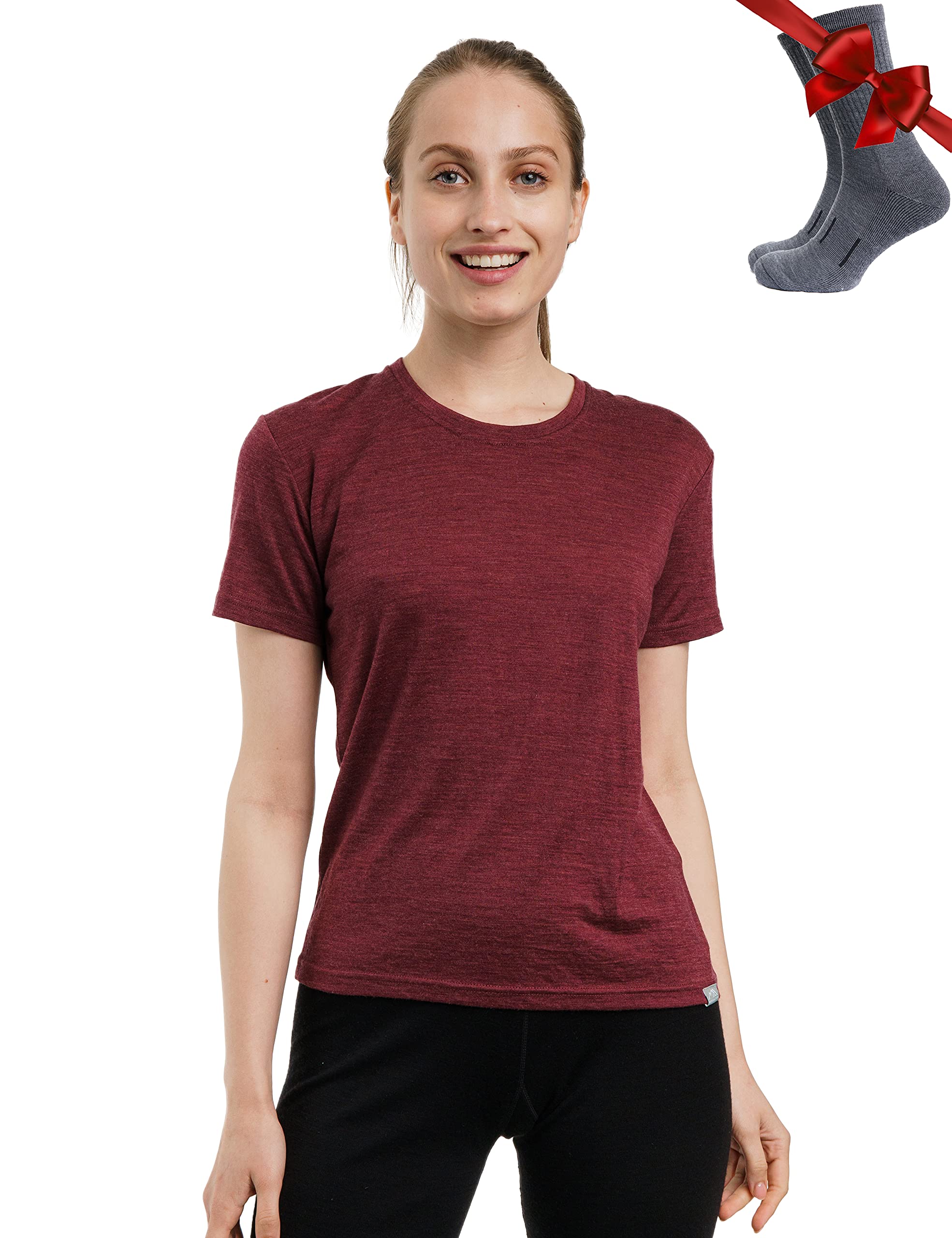 Merino.tech Women's Burgundy Crewneck Merino Wool T Shirt - 100% Merino Wool Base Layer Short Sleeve Tee + Hiking Sockss (Small, )