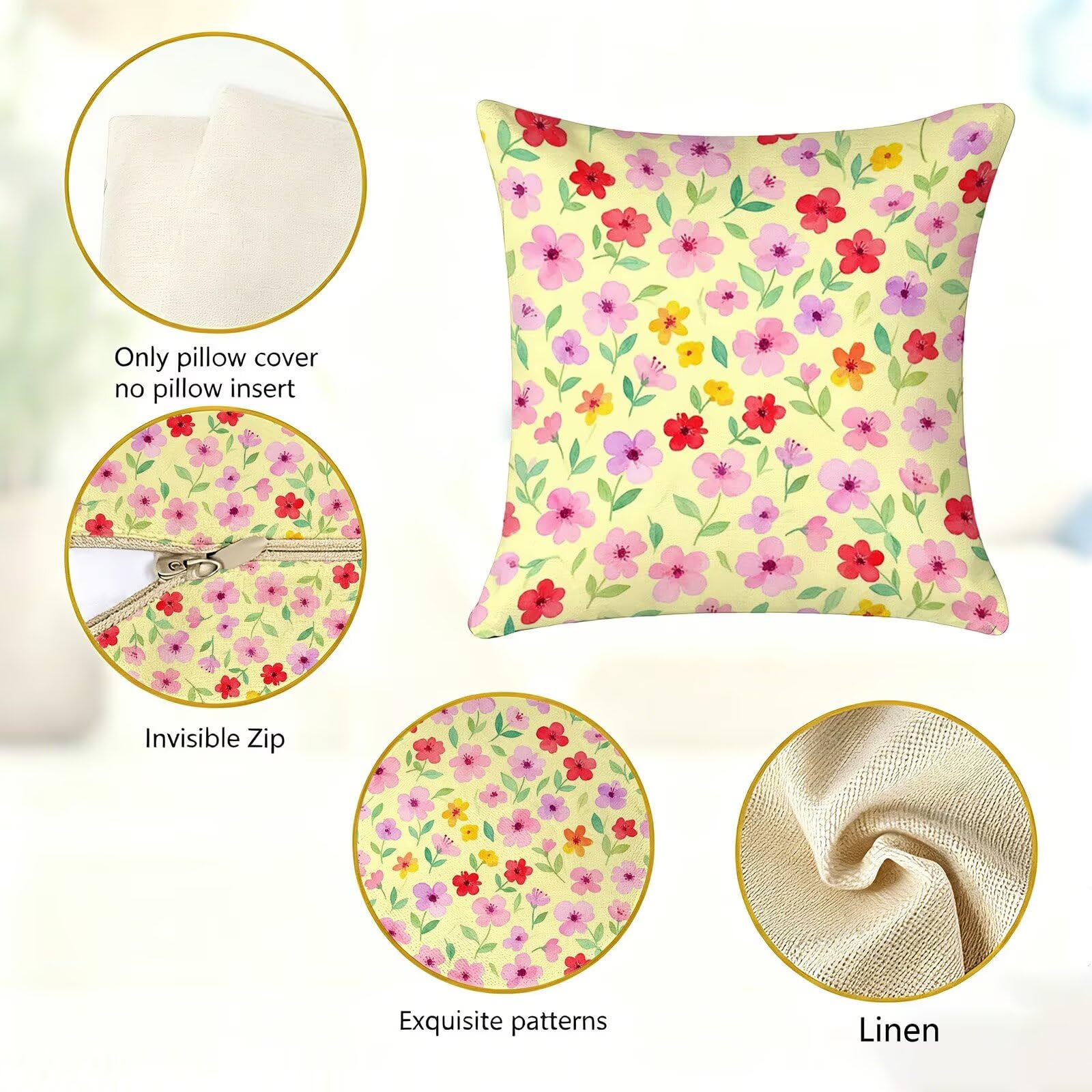 Giallo Federe Cuscini Divano 60x60cm, Cuscini da Esterno Set de 4, Cod-164 | Lin Copricuscini Decorativi Letto Arredo, per Letto, Soggiorno, Giardino, Esterno, Casa Decorazione Set di 4 Piccolo Fiore