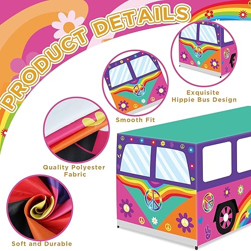 Miniatura 3 de Manteles de autobús hippie de 6 pies y 60 años, decoración de fiesta de cumpleaños, teñido anudado, margaritas, tela lavable, protector de mantel