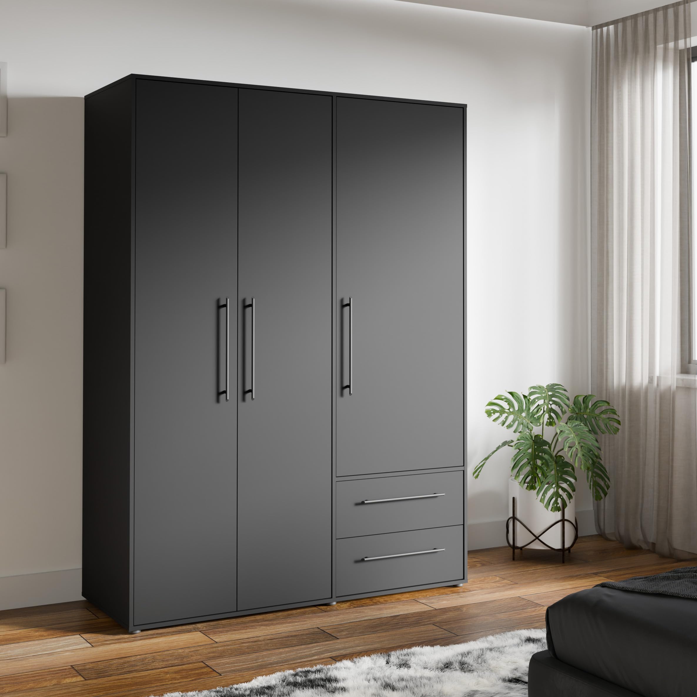 Forte Jupiter Kleiderschrank – 144,4 cm breit × 200,1 cm hoch × 58,8 cm tief, Schwarz Matt, 3-türig mit 2 Schubladen