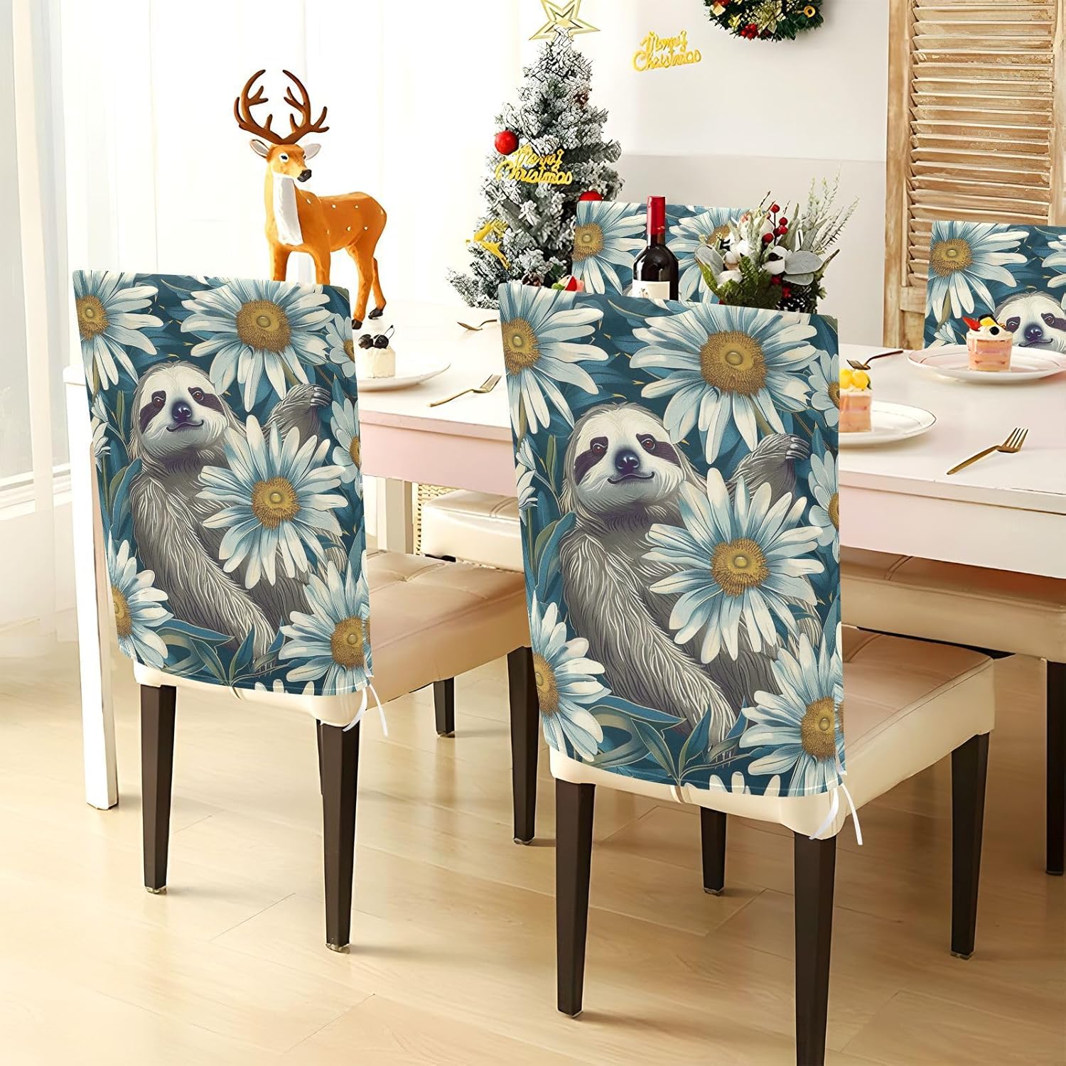 ALAZA Sloth Daisy Flowers Blue Chair Back Cover Set of 6, Washable Reusable Removable Chair Slipcovers Decorative Chair Cover for Home Kitchen Wedding Party