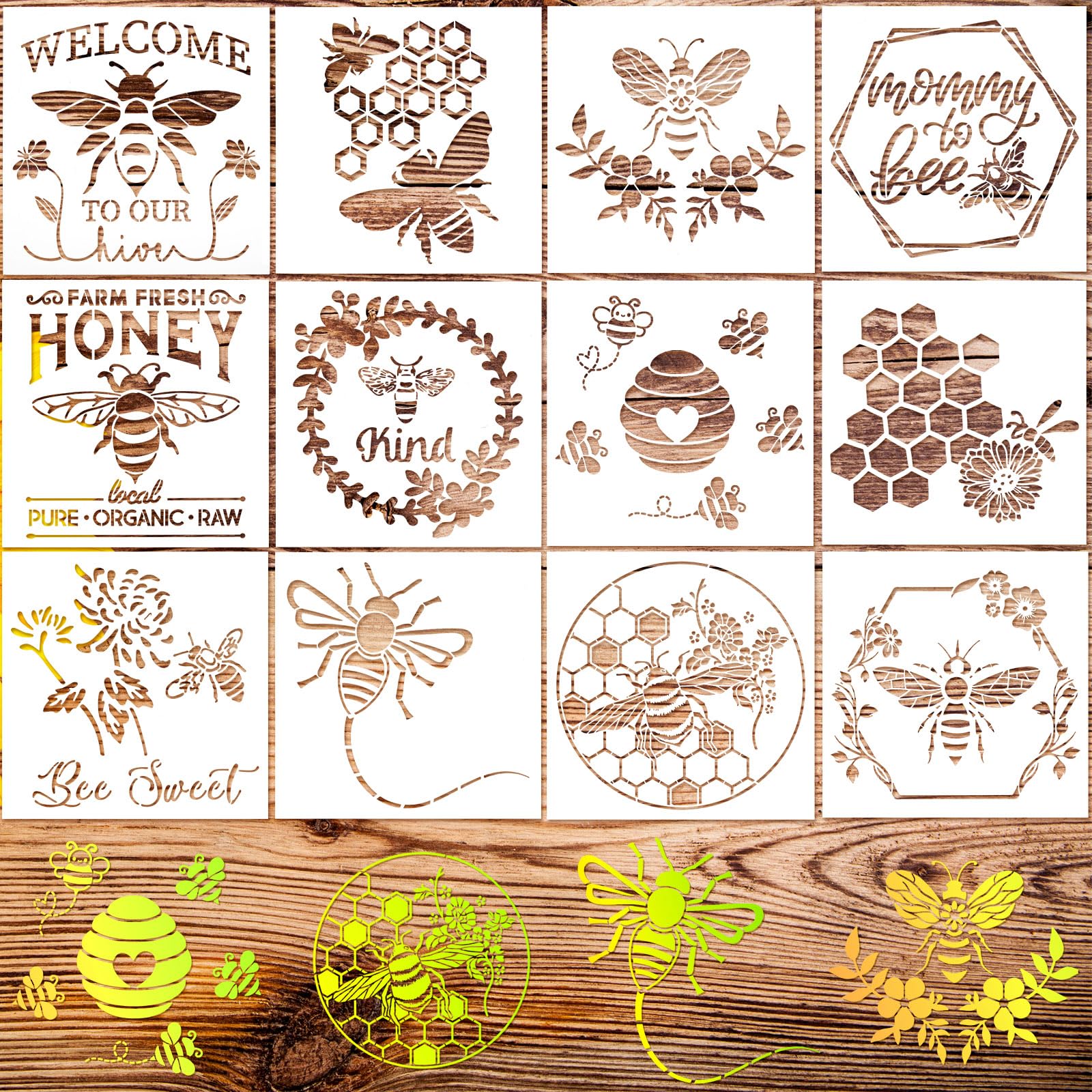 Tenare 12 Pieces Bee Honeycomb Stencil Template Reusable Honeycomb Honey DIY Bee Sweet Template Welcome to Our Stencils for DIY Craft on Wood Wall Home, 6 x 6 Inch