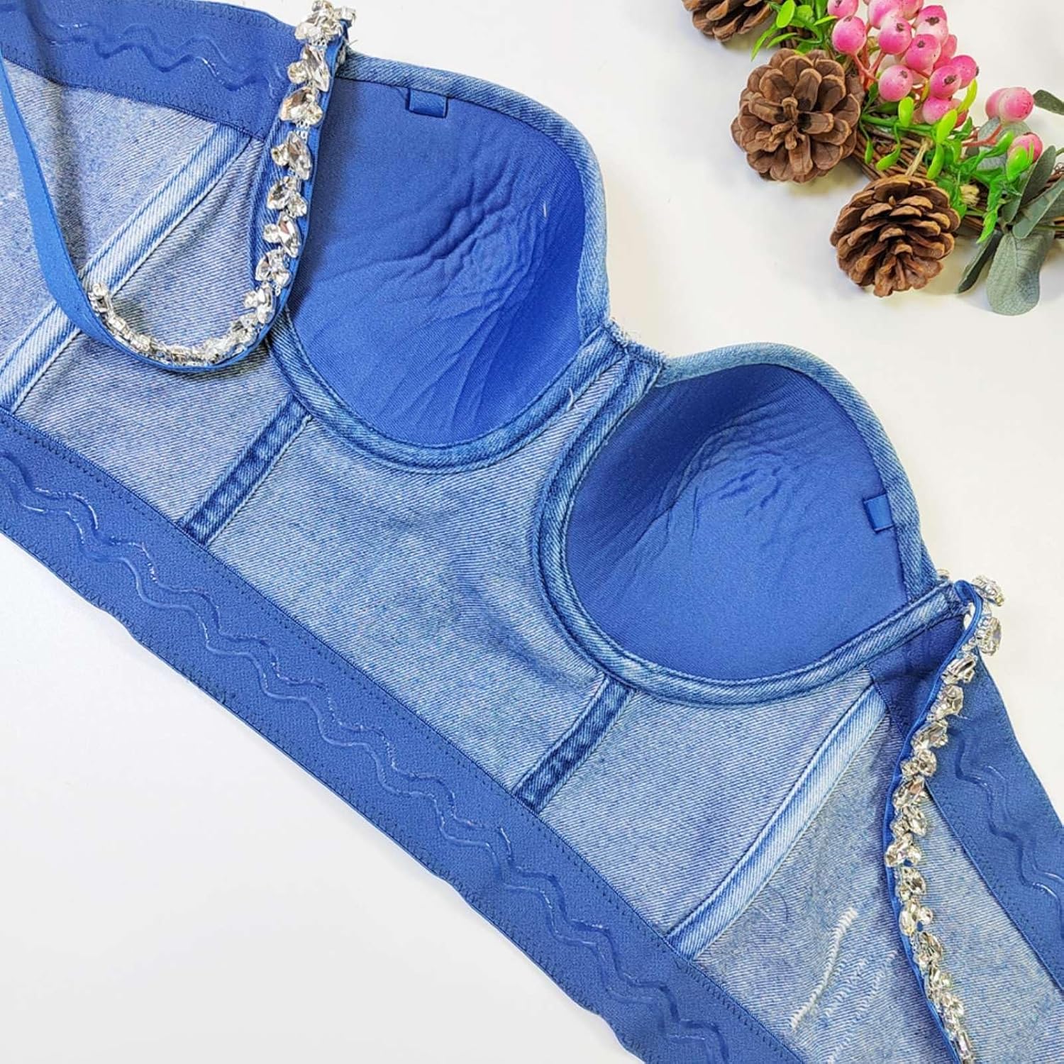 Women's Denim Corset Bustier Shaping Bra Rhinestone Beaded Tassel Chain Crop Top Vest