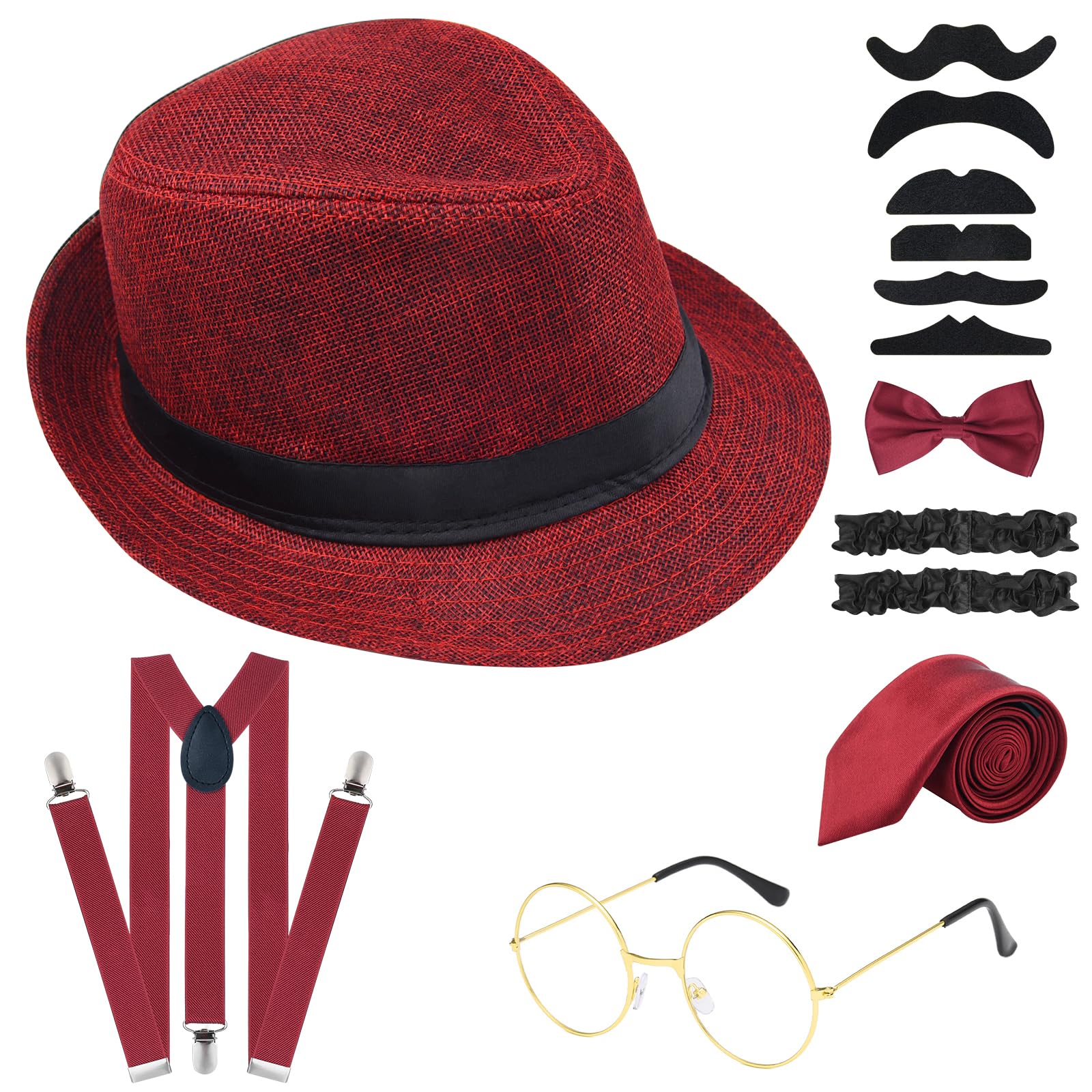 PLULON 12 Pieces 1920s Men Costume Accessories Set Roaring Retro Gangster Costume, Hat