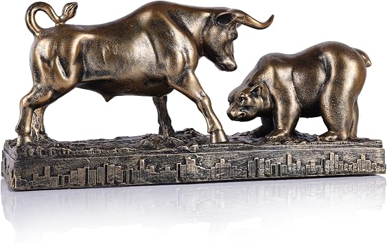 Bull and Bear Statue Wall Street Bull Statue Resin Sculpture for Desk Office Decor Financial Advisor Trading Stock Market Gift Decorative Figurine Accent for Home Trading Shelf Display Brown