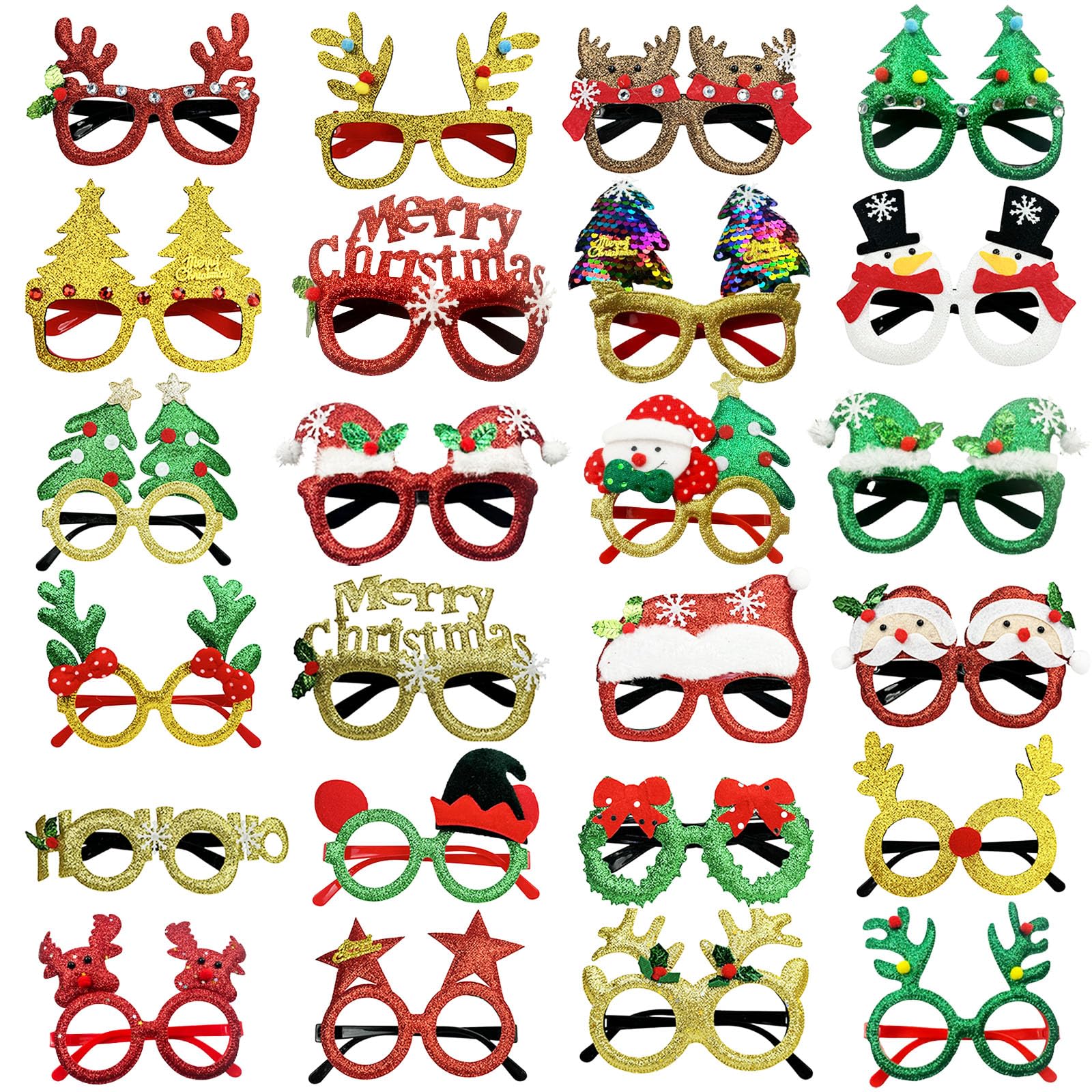Ylluuoe 24 PCS Novelty Christmas Glasses Frames,Christmas Glitter Party Eyeglasses,Xmas Costume Party Glasses Frame Prop for Kids Adults to Wear for Holiday Party Favors Gift Create Joyful Atmosphere