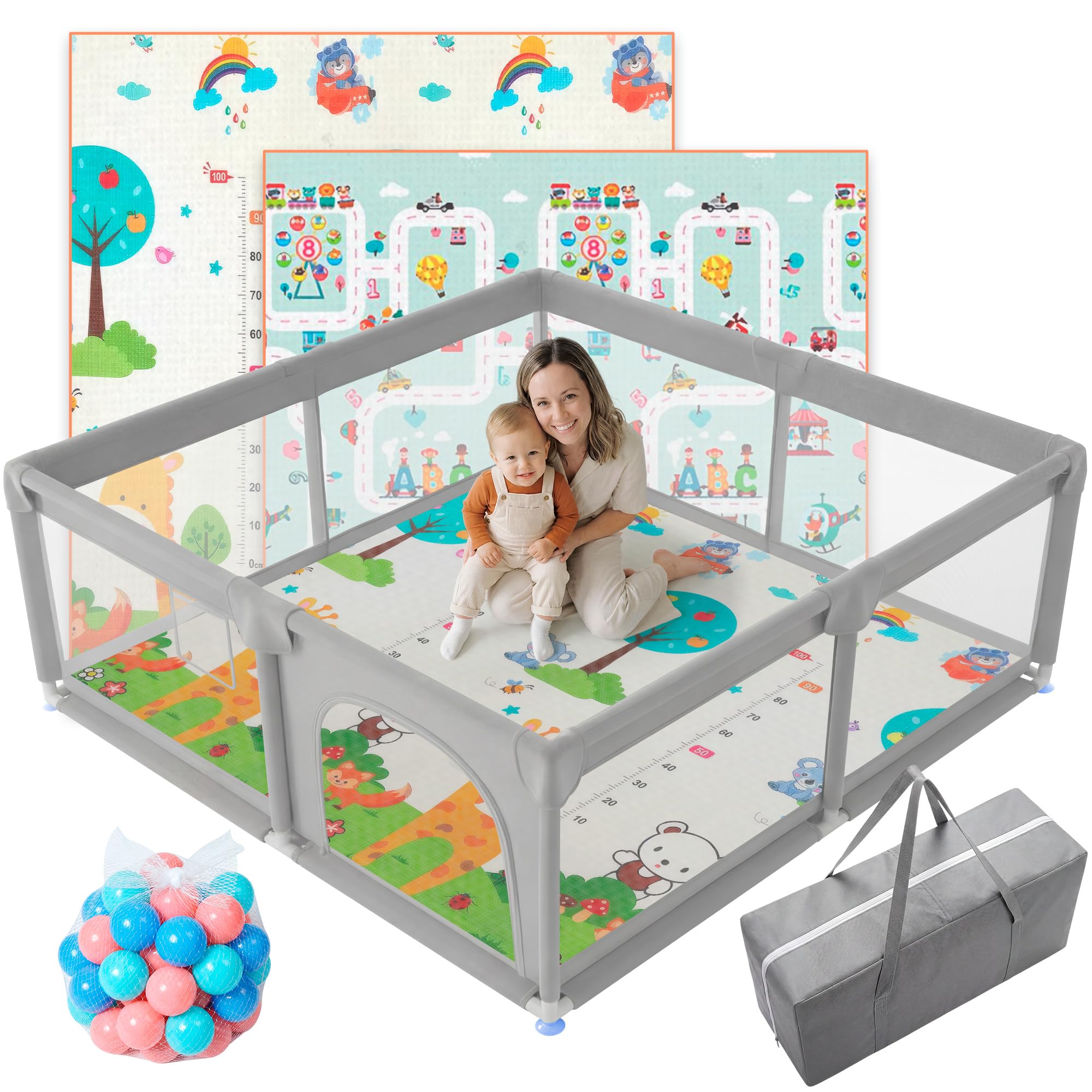JUPPLIES Box Bambini 120×120 cm – Recinto Gioco per Neonato 6-24 Mesi, Rete Traspirante 360°, Struttura Antiscivolo e Robusta, Facile da Montare (Grigio con tappeto + palline + borsa per il trasporto)