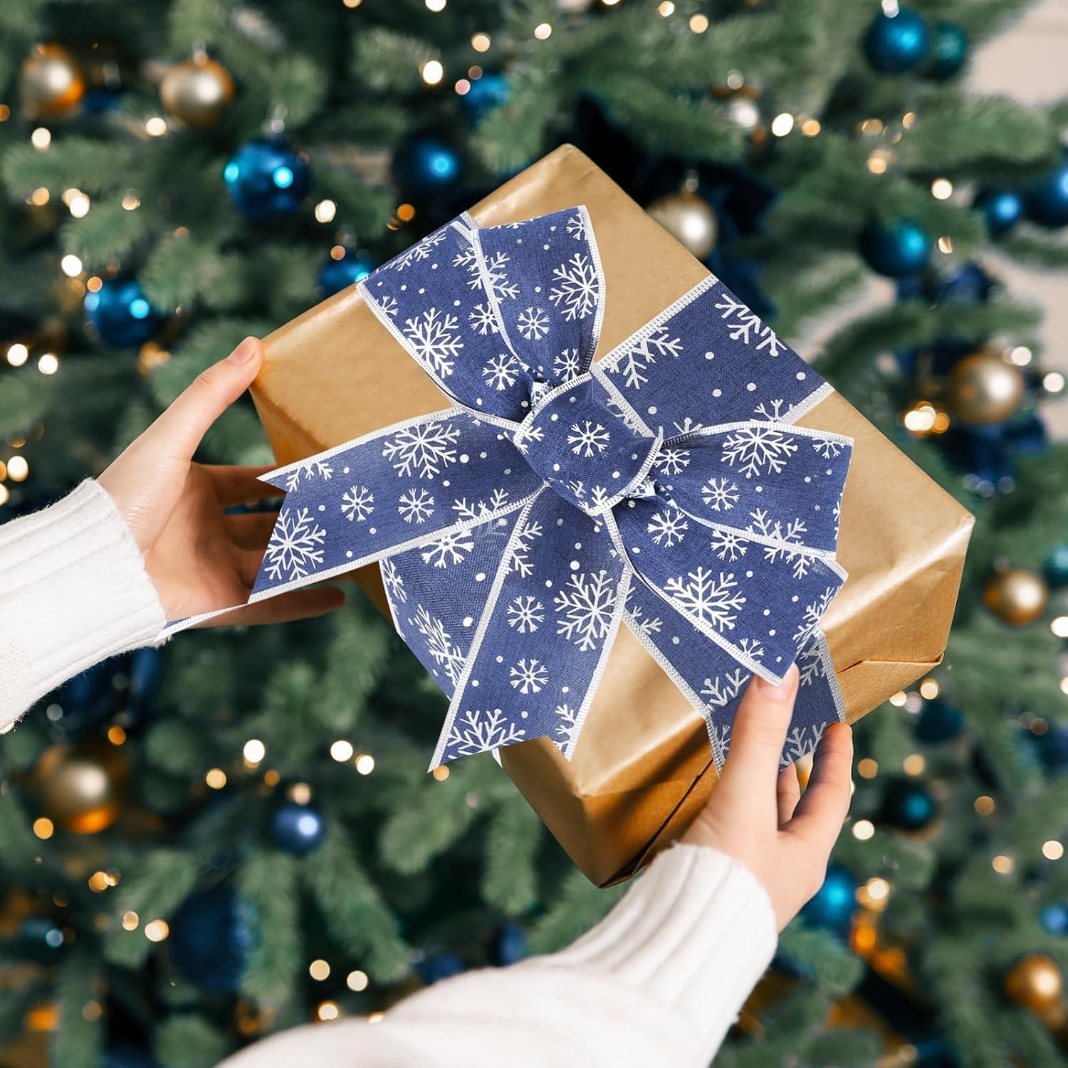 2 Rolls 40 Yards Snowflake Ribbon - 2.5 Inch Blue & Silver Wired Glitter Ribbon for Christmas Tree & Holiday Party Decoration