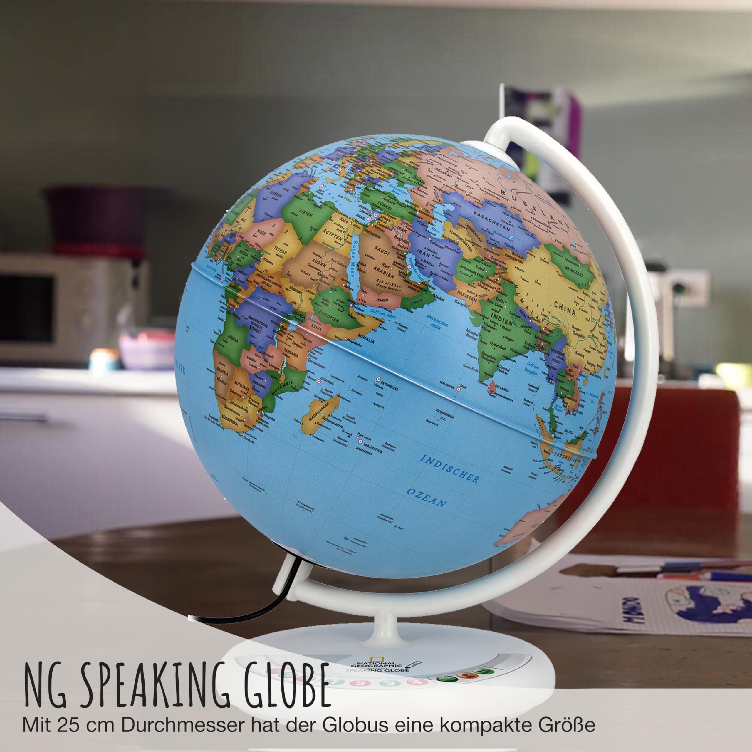 National Geographic Speaking Globe - Globo terráqueo luminoso interactivo de 25 cm con lápiz de audio para información y juegos, globo luminoso con cartografía política alemana