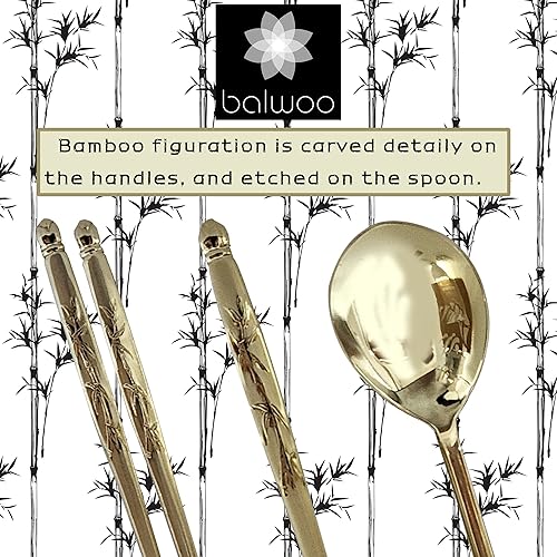 Miniatura 4 de Balwoo Hecho en Corea Juego de palillos de cuchara de arroz pegajosa con diseño de bambú, chapado en titanio dorado, cuchara de sopa de acero