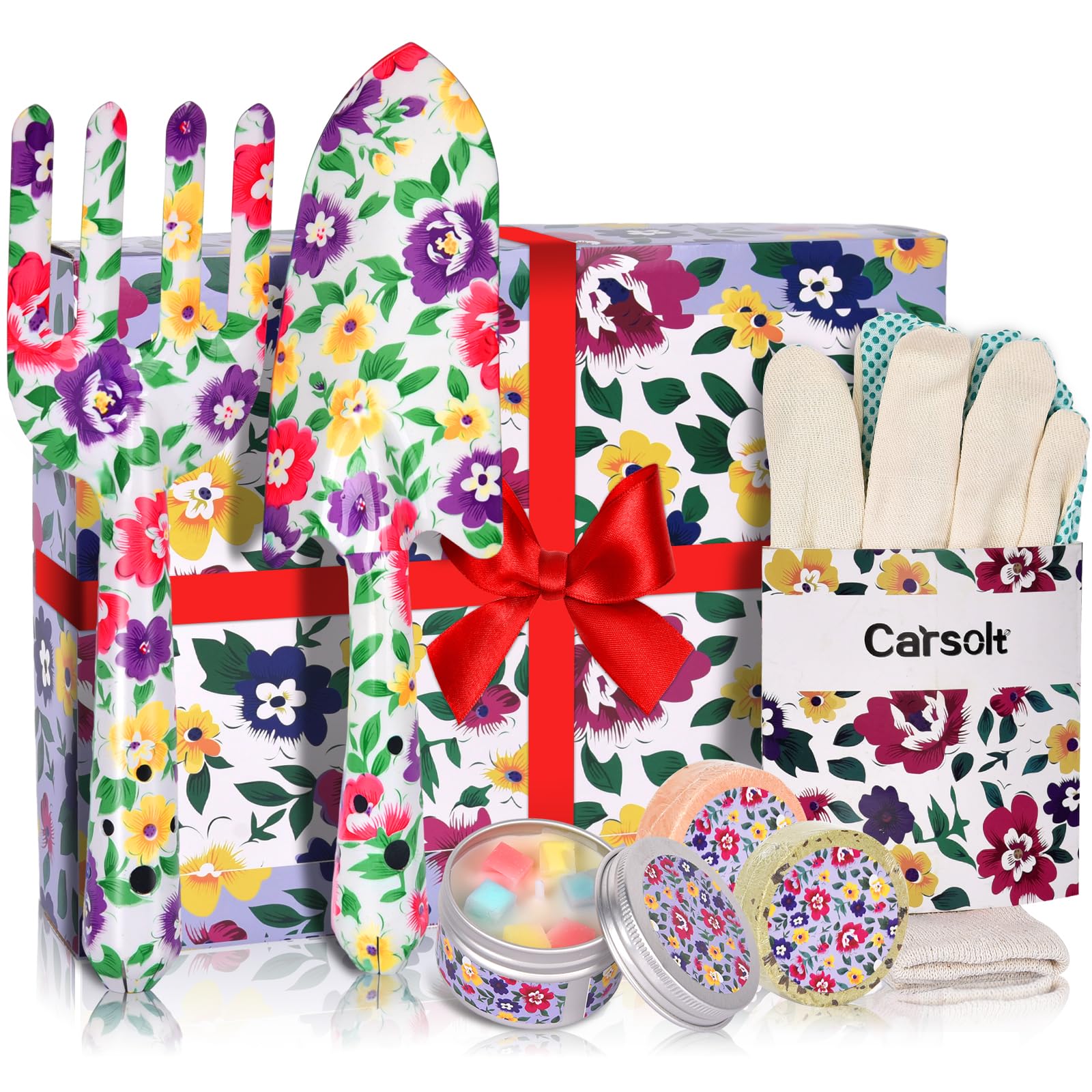 Carsolt Birthday Gifts for Her, Funny Gifts for Mum, Gardening Gifts with Floral Printed Garden Trowel, Garden Fork and Gloves, Valentines Day Gifts for Her, Women - Beautiful Gift Box Ready, Purple