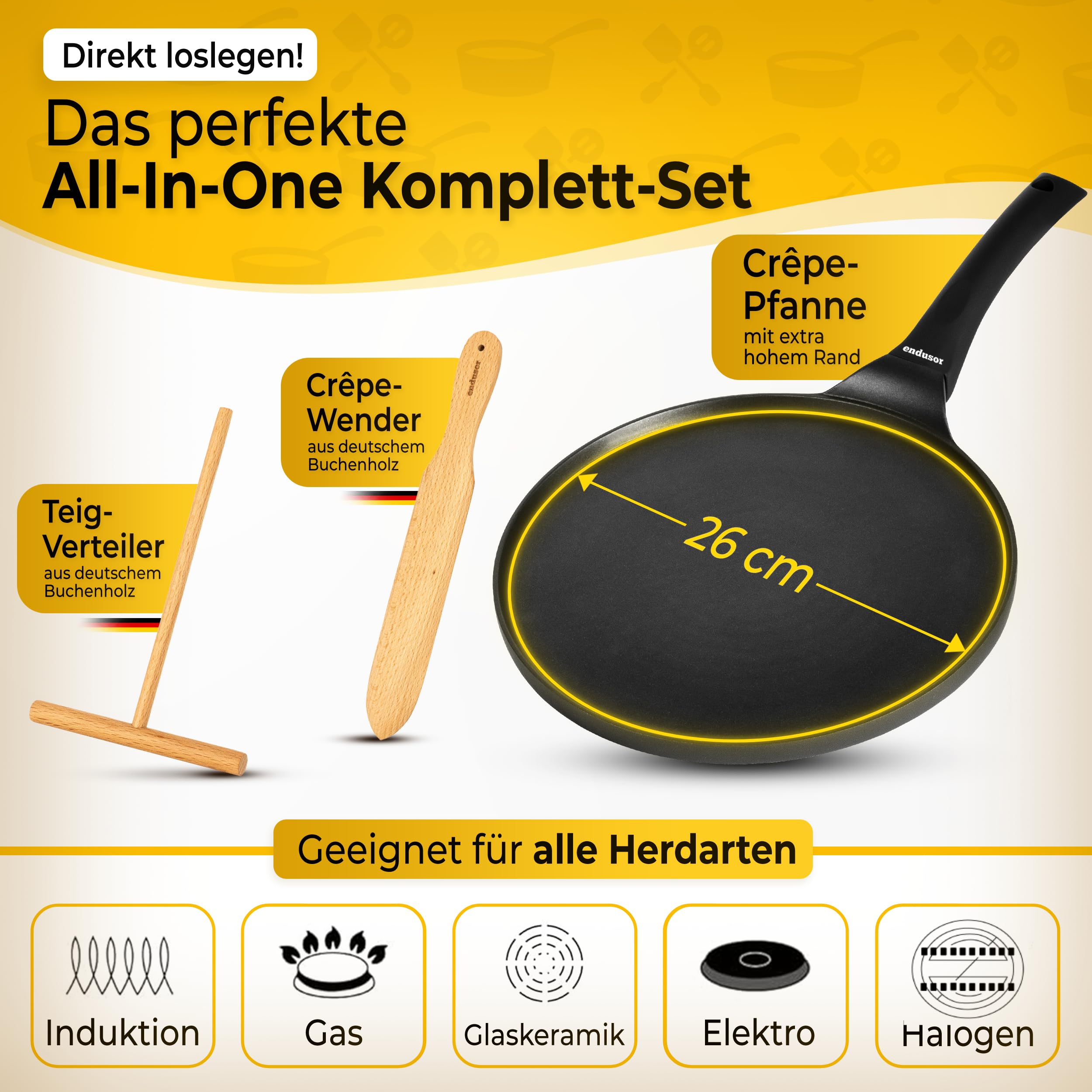 endusor Crepe Pfanne Induktion 26cm mit 3-facher Antihaftbeschichtung inkl. Spatel & Verteiler aus deutschem Buchenholz- Pfannkuchenpfanne für ALLE Herdarten - Flache Crepes Pfanne (OHNE PFOA + PFOS)