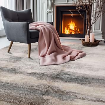 Beige, Gray 8x10 Tibetan Sherpa Modern Abstract Rug Hand Knotted Wool and Silk Oriental Area Rug Perfect for Living Room, Kitchen, Bedroom, Home Office, Dining Room