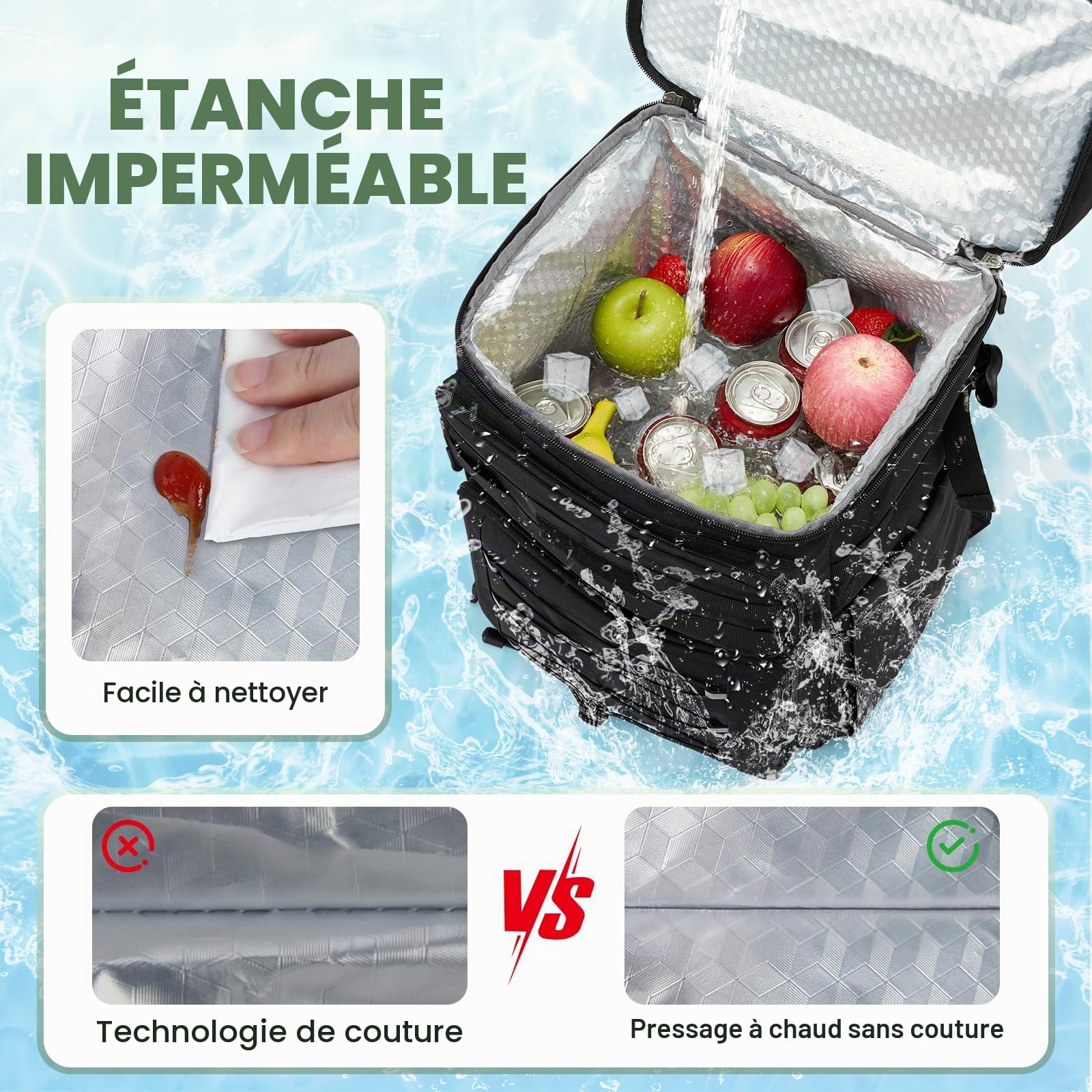 RAINSMORE Sac a Dos Isotherme Glaciere 30L Étanche pour Pique-Nique Sac a Dos Isotherme Repas Adulte Imperméable pour Plage Camping BBQ Noir