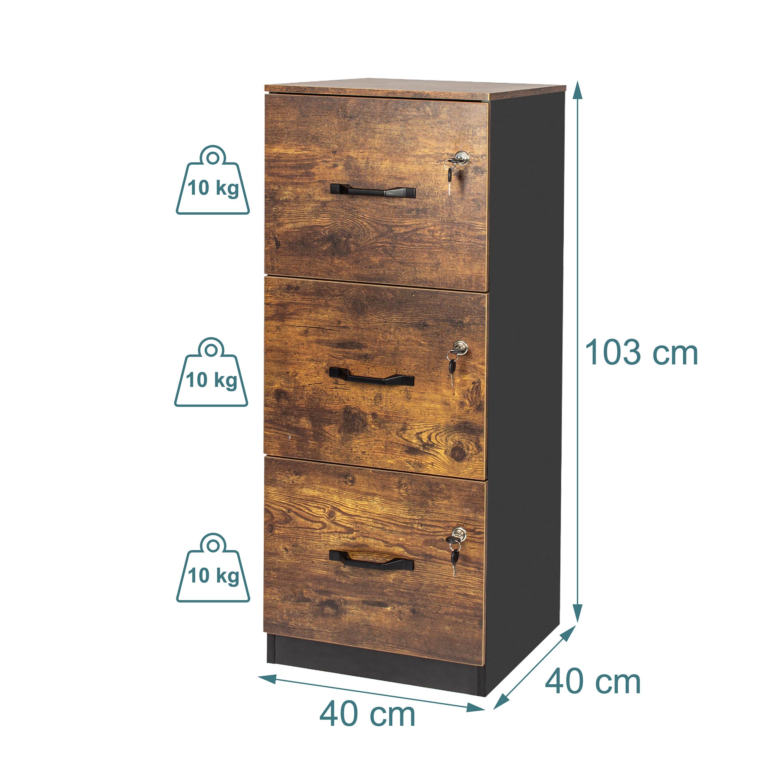 Relaxdays Archivador de 3 Cajones con Llave, HBT 103x40x40cm, Negro/Marrón
