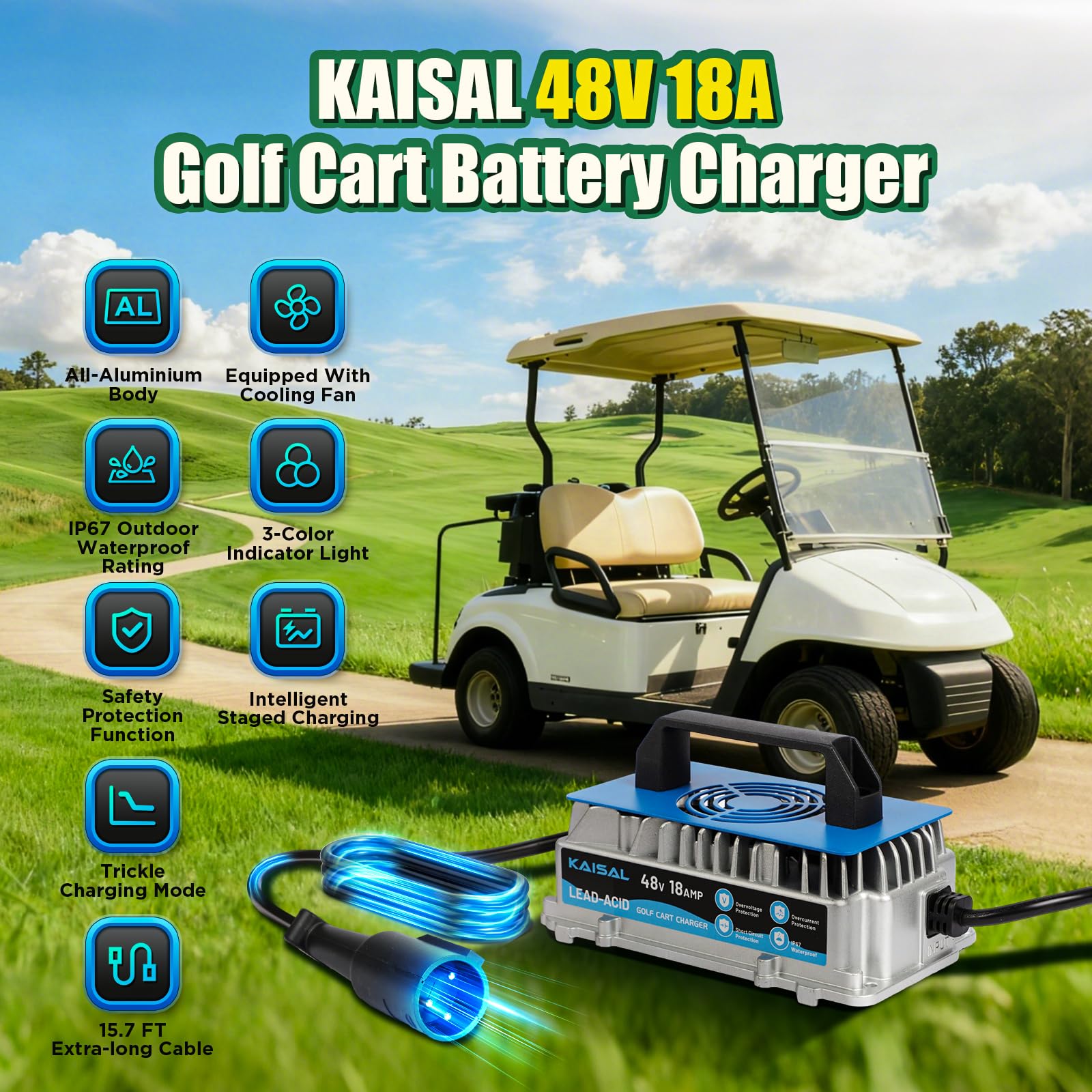 KAISAL 48V 18A Caricabatteria da Golf, 48V Caricatore per Carrello da Golf per Club Car, Caricabatterie Intelligente a Mantenimento, per 48Volt Batterie al Piombo Acido, IP67 Impermeabile