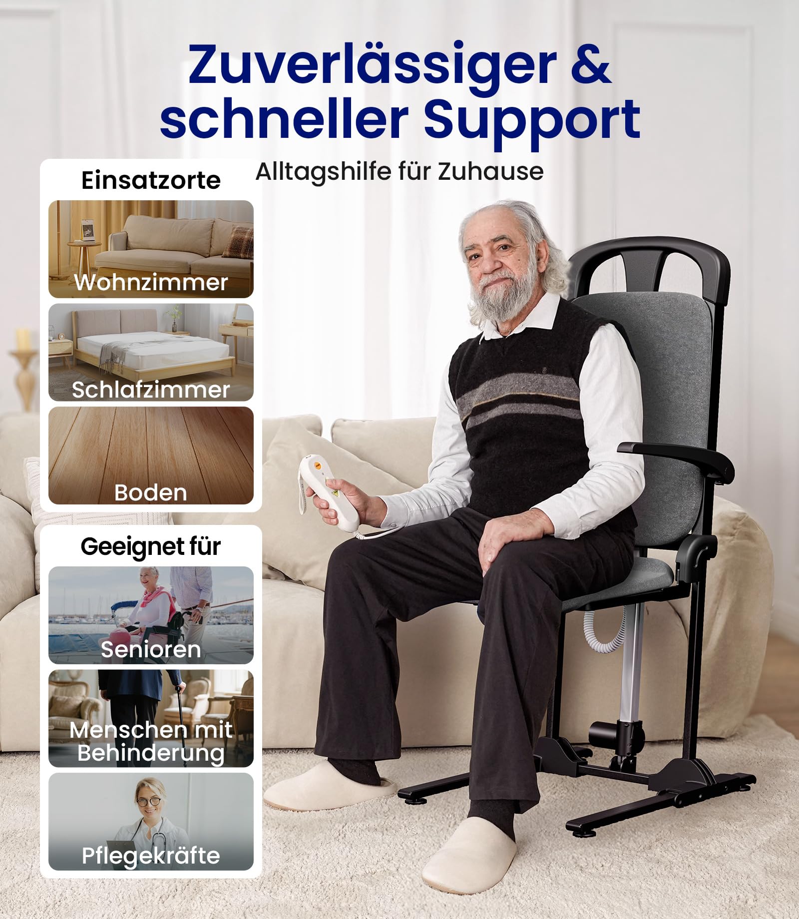 VOCIC AX15 Elektrischer Aufstehsessel bis 200 kg, robust und faltbar | Senioren Pflege Zuhause, Aufstehhilfe Sturzrisiko, Transfer Bett Rollstuhl, Stahlrahmen Memory-Schaum Grauer Stoffbezug