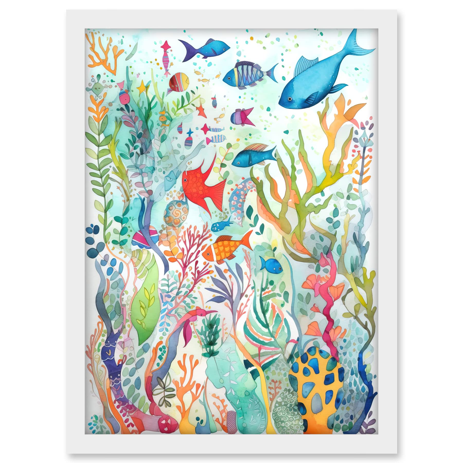 Artery8 Aquatic Scene Marine Life Folk Art Watercolour Painting Artwork Framed A3 Wall Art Print