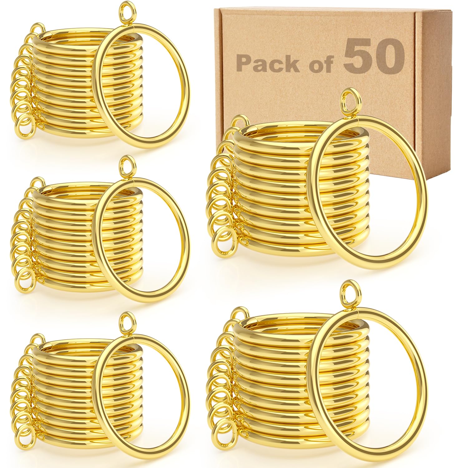 Curtain Rings Gold 50Pcs,Metal Curtain Rings with Eyelets, 1.5 inch Inner Diameter Drapery Rings Apply for Curtain Rods(Fits Up to 1.25-Inch Curtain