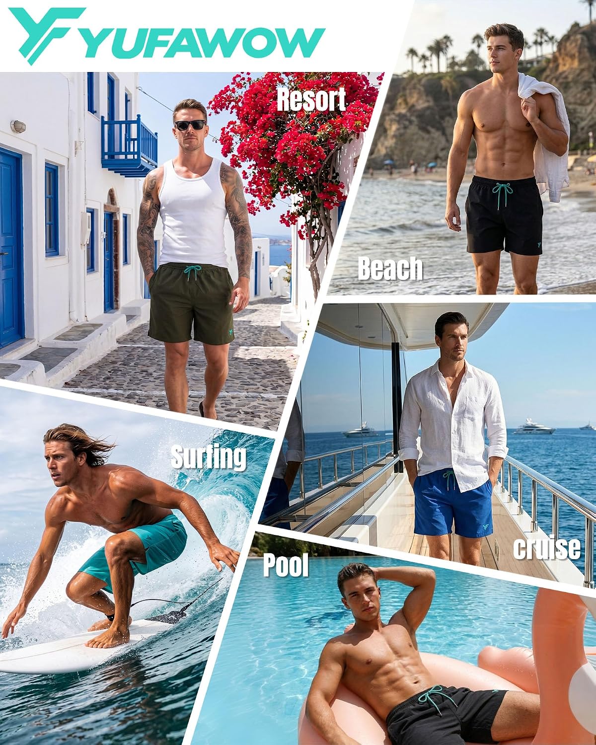 Yufawow 7 Inches Men's Swim Trunks with Mesh Lining and Quick Dry Pockets for Board Beach Gym Running