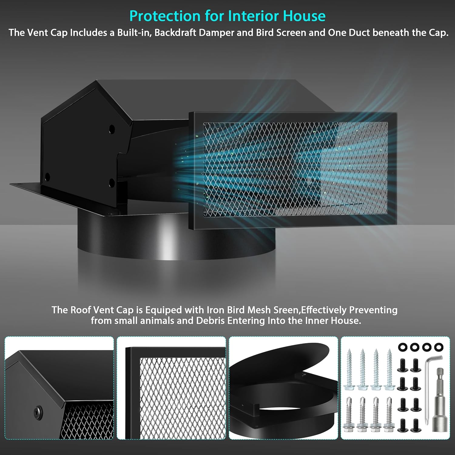 Roof Vent Cap, 8 Inch, Steel Roof Vent Cap, Removable, Roof Dryer Vent Cap for Ventilation with Damper, Black