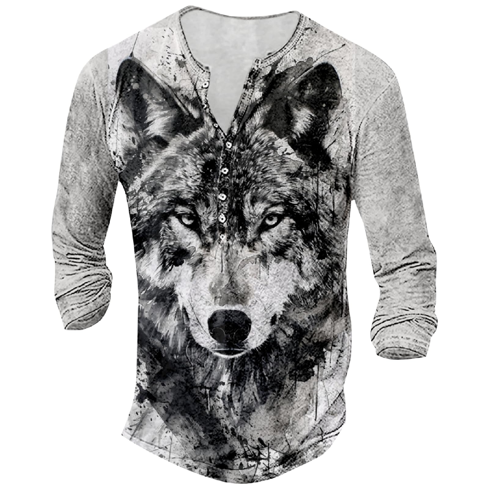 DMOYALA Mens Henley Shirts Wolf Black White Graphic Printed Long Sleeve Pullover Shirts 8Pcs Buttons Up Vintage V Neck Trendy Fall Hippie Streetwear