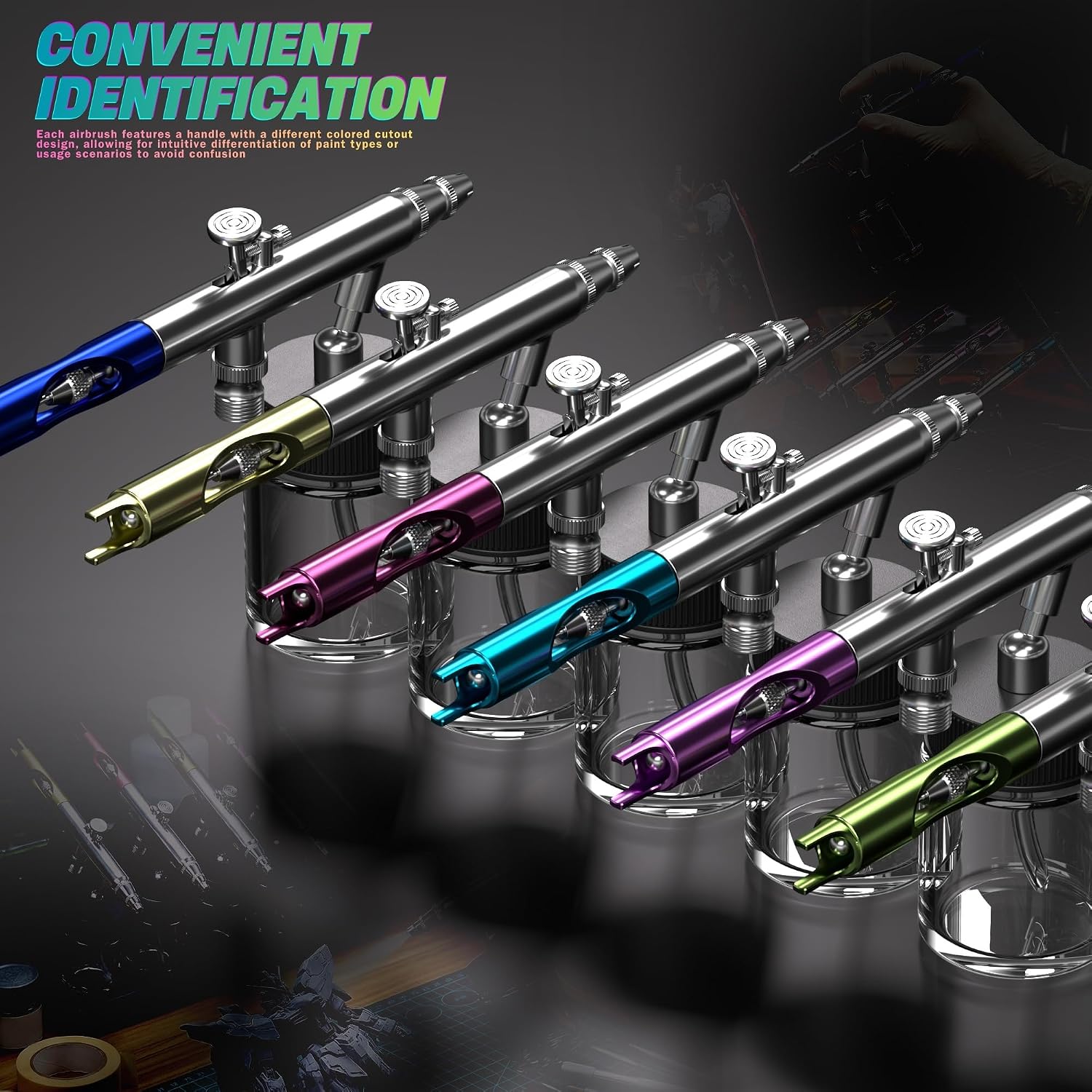 6 Pieces Dual Action Airbrush Kit, 0.35mm Tips, 3/4 oz Bottles, Color-Coded Handles, Air Brush Painting Set with Carry Case, Airbrush Gun for Model, Body, Cake, Crafts Painting