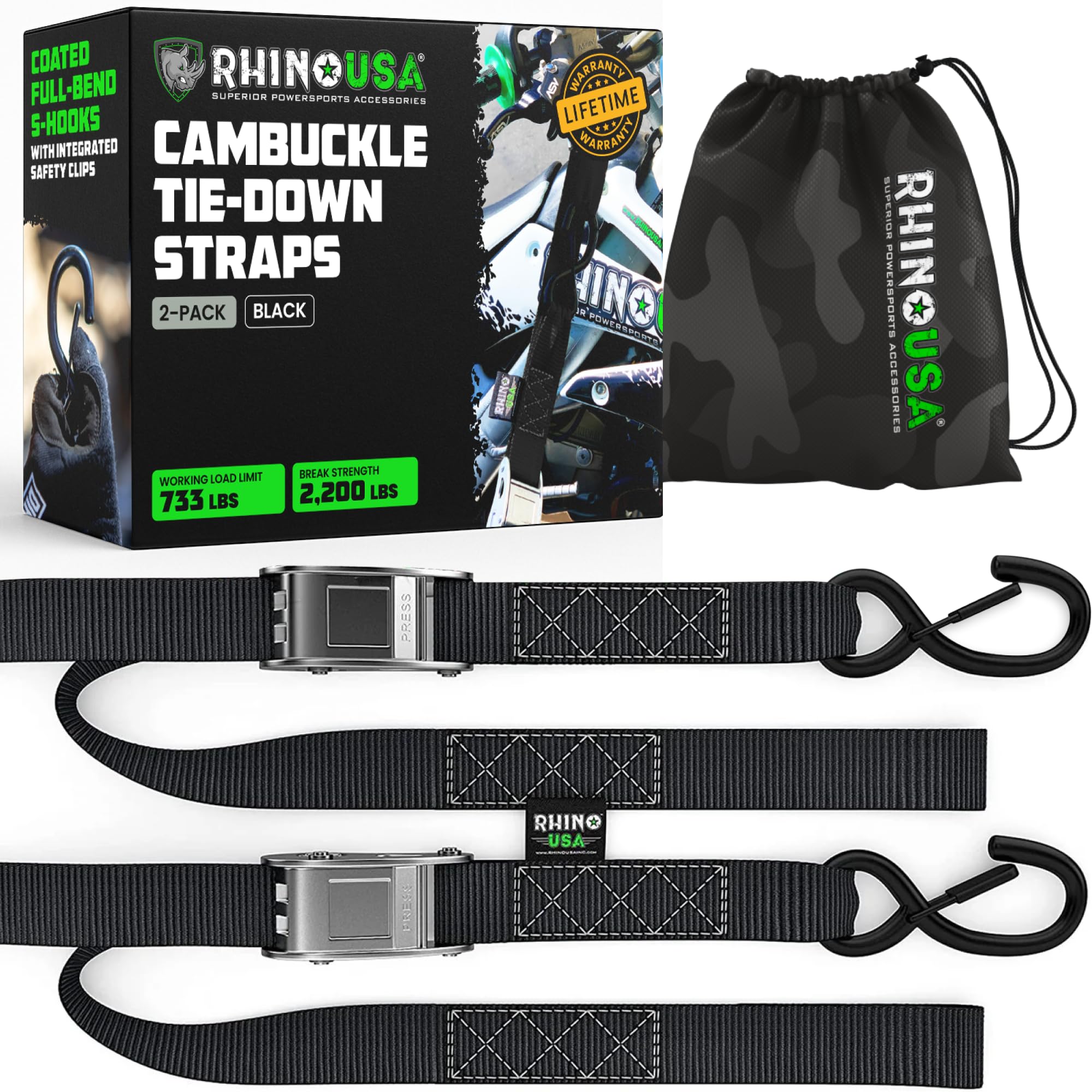Rhino USA Motorcycle Tie Down Straps (2 Pack) Lab Tested with 2,200lb Break Strength, Ratchet Straps with Steel Buckle and Soft Loop Integration