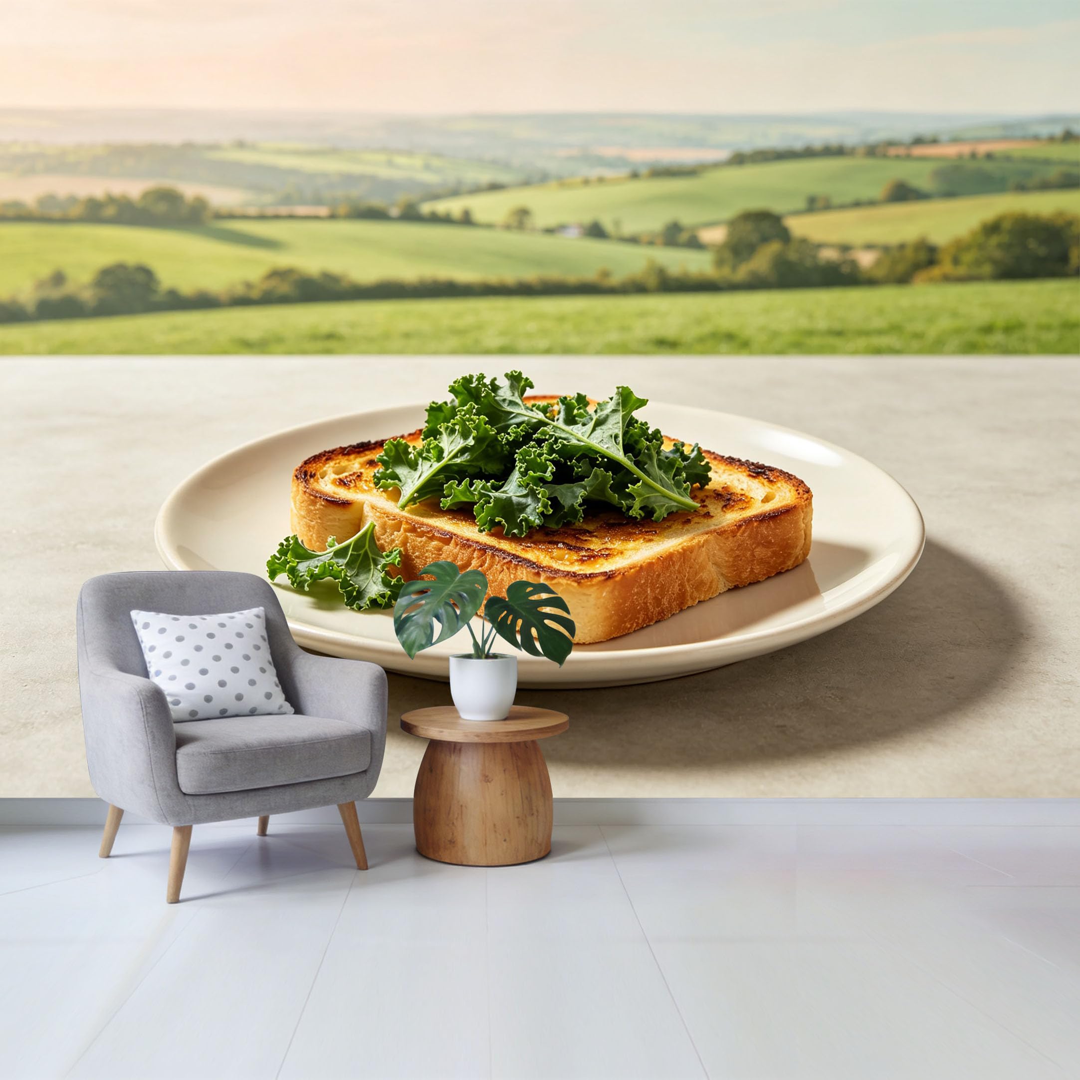 Qzlithotic Yq2605250824 Custom Size Wall Mural Toasted Bread With Fresh Leafy Vegetable Landscape Countryside View Selfadhesive Wall Fabric Removable Wallpaper For Home Office Decor