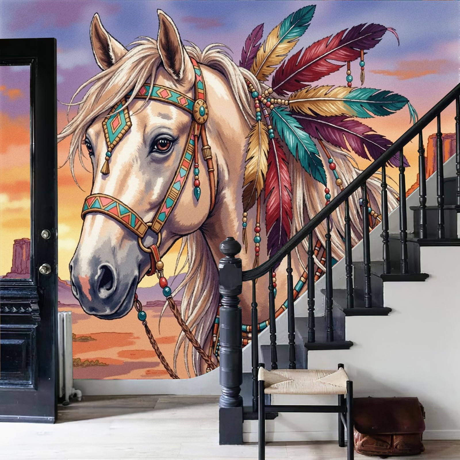 Papier peint panoramique effet luxe moderne avec fresque cheval bohème