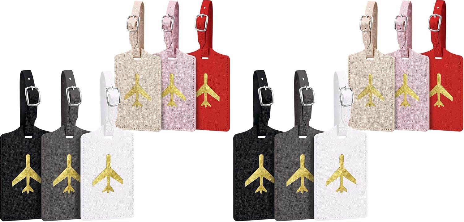 6 Pieces Luggage Tags Suitcase Tag Travel Bag Labels Leather Instrument Baggage Bag Luggage Tags for Travel Bag Suitcase (Black, Gray, Pink, Red, White, Champagne Gold) (Pack of 2)