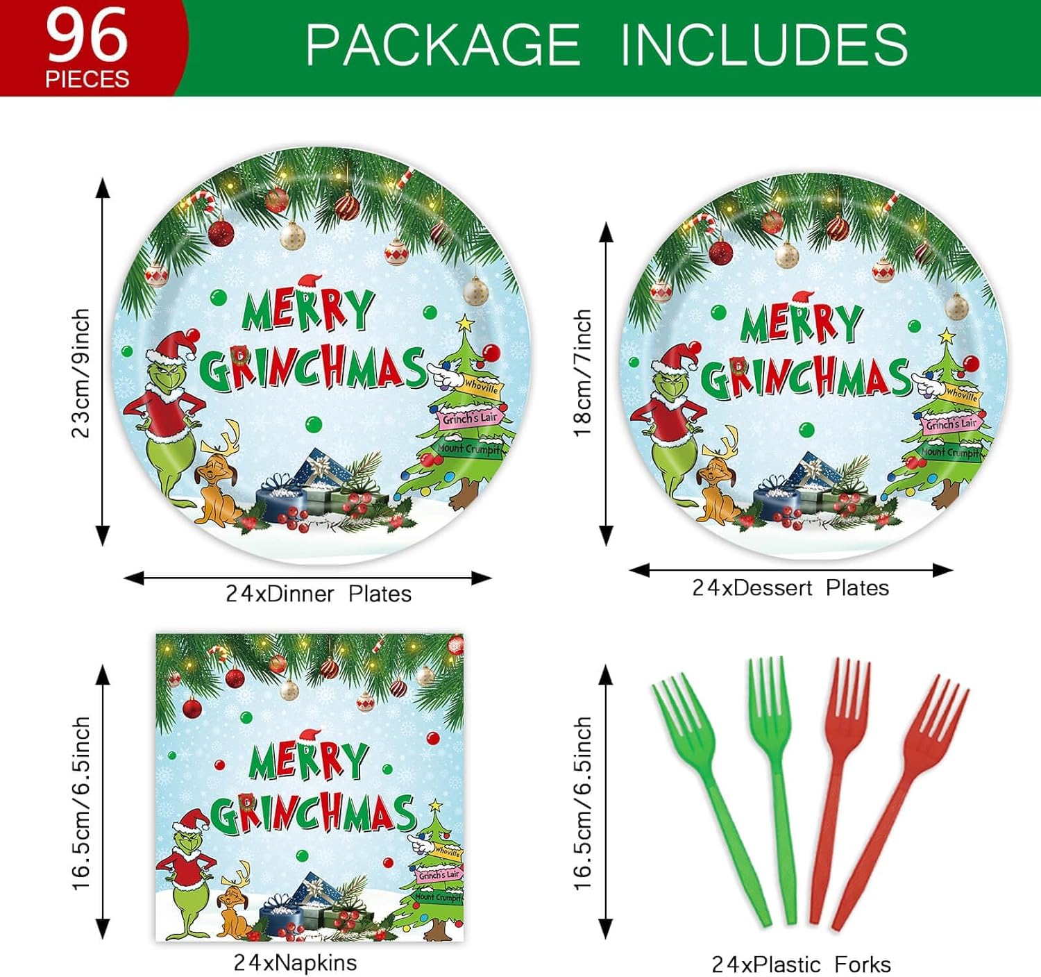 96Pcs Merry Grinchmas Party Supplies Decoration Xmas Green Elf Winter Holiday Party Plates Napkins Forks Welcome to Whoville Party Disposable Tableware for 24 Guests