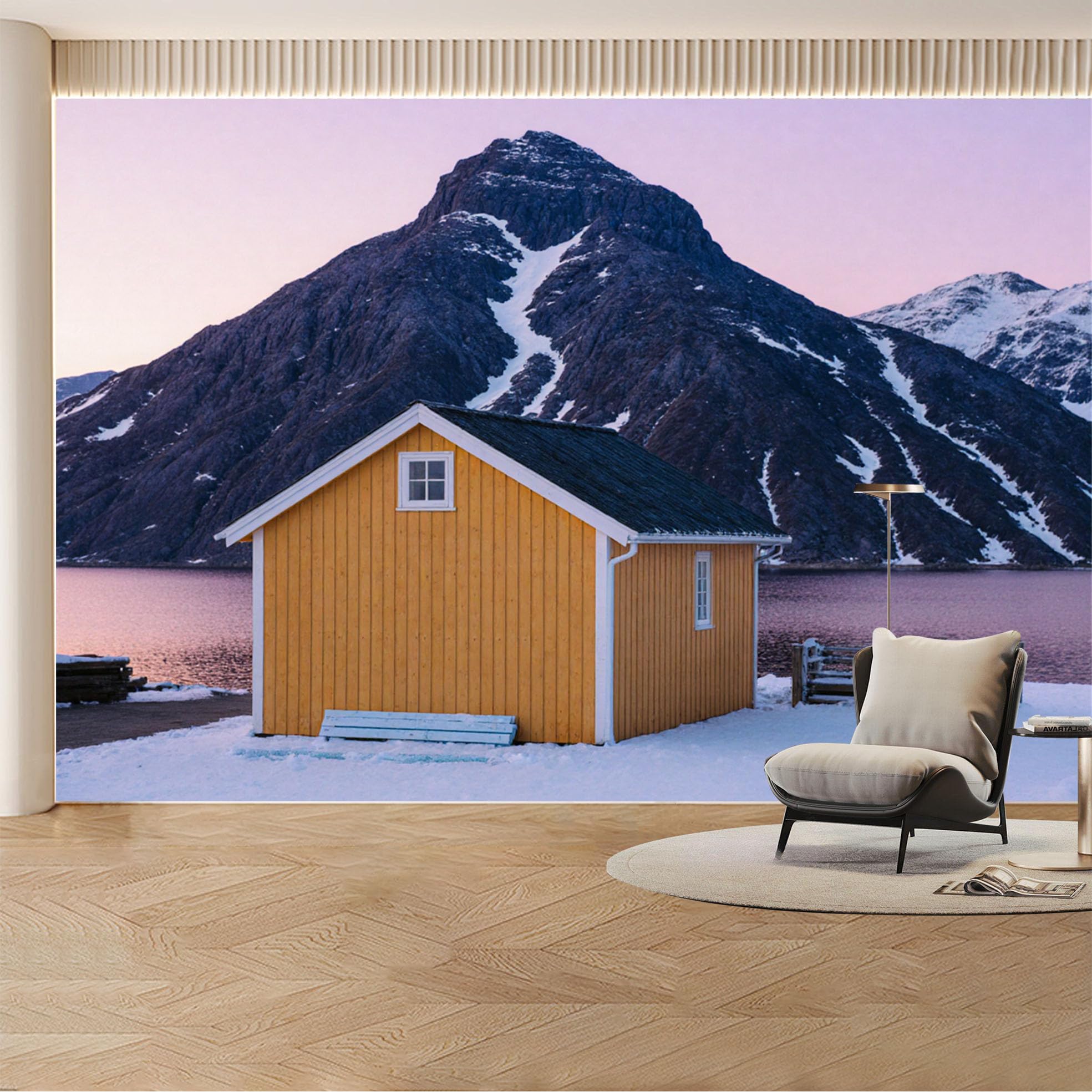 Custom Wall Mural Wallpaper Mountain Cabin， Landscape Nature 3D Effect Wall Decor， Nordic Snowy Sunset Removable SelfAdhesive Large Photo for Living Room， Bedroom， Office