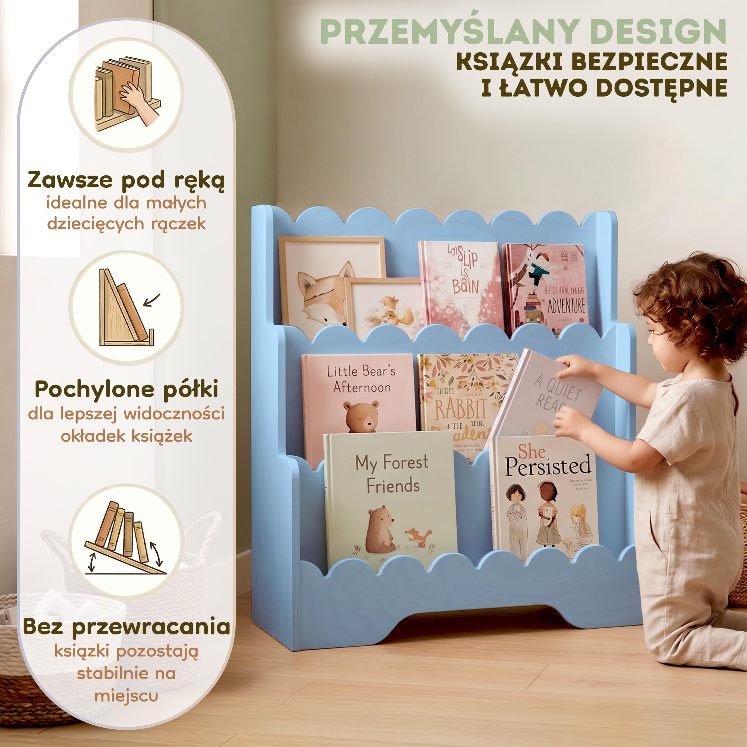 smartwood Regał dziecięcy, Sklejka Sosnowa FSC, Niebieski, LULU | 3 poziomy, 64x31,5x71 cm, łatwy montaż, certyfikowane FSC, miejsce na książki i zabawki, idealny do pokoju dziecięcego
