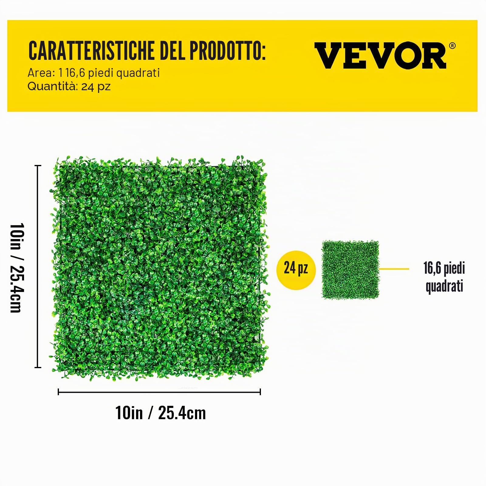 VEVOR 24 Pezzi Artificiale Pannello da Siepe di Bosso, 25,4 x 25,4 cm, Siepi Artificiali, Recinzione Artificiale Bosso, Edera Finta Effetto Realistico Decorazione Plastica Verde, Spessore da 4 cm