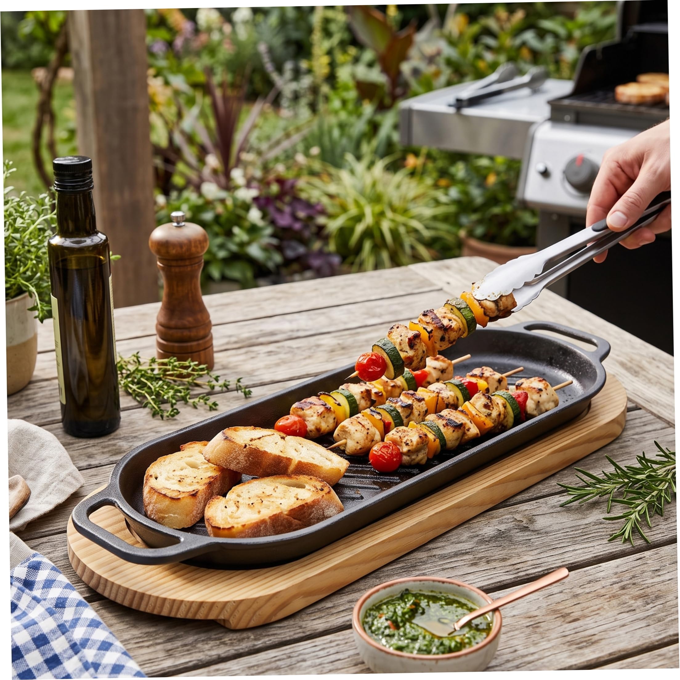 Assiette grésillante avec base en bois Poêle à fajita longue ovale avec poignée