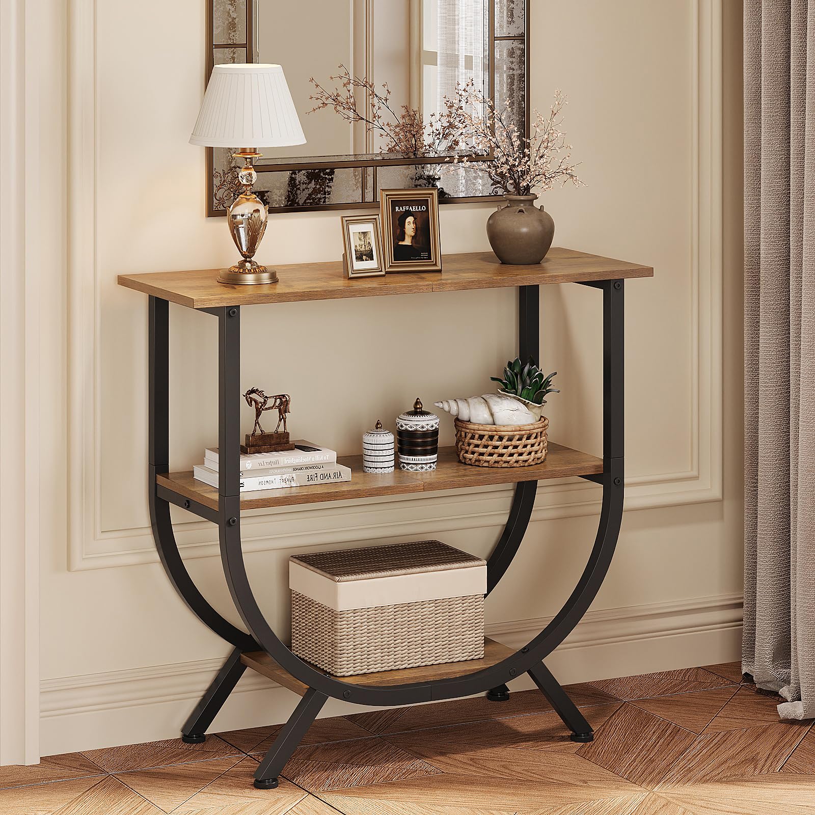 Trironsun 3 Tier Hallway Console Table with Open Shelves Narrow Entryway Table with Curved Metal Frame Industrial Sofa Table for Living Room Entrance and Behind Sofa Storage (Rustic Brown)