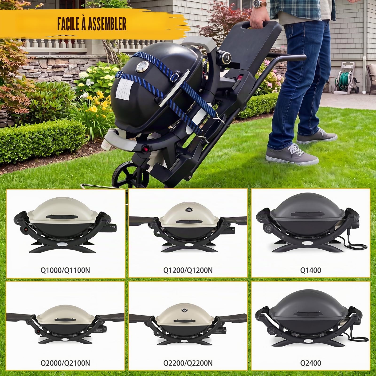 GFTIME Chariot pour Weber Q1000, Q2000 barbecues à gaz, chariot de grill pour Blackstone 43/56cm, support de barbecue extérieur, chariot de service pour barbecue pour Weber Q1200, Q1400, Q2200, Q2400.