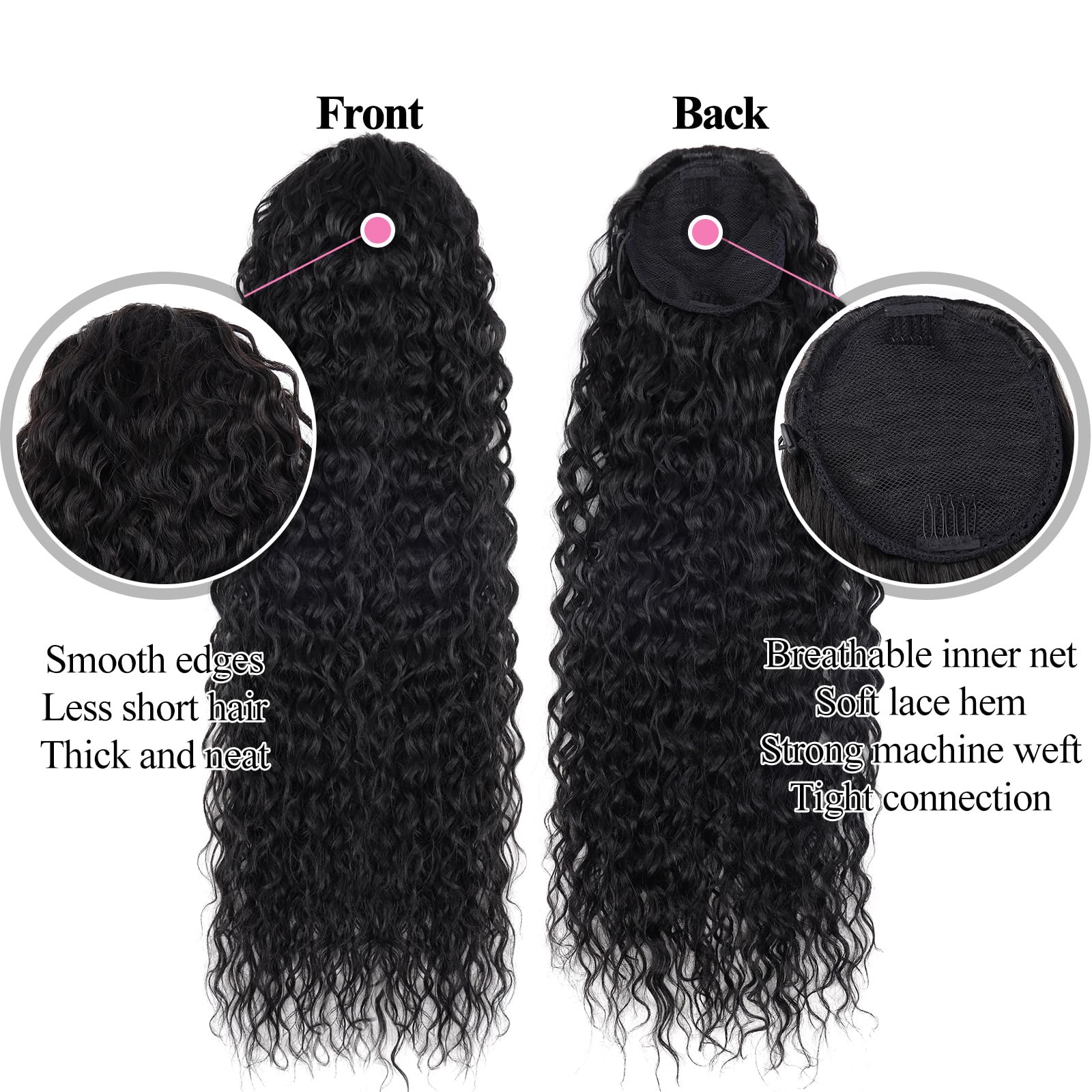 BEAUTY ON LINE Ponytail Extension Curly 30 inch Long Black Drawstring Ponytail Synthetic Clip in Ponytail Hair Extensions Curly Water Wave Clip in Hair Pieces for Women - Image 2