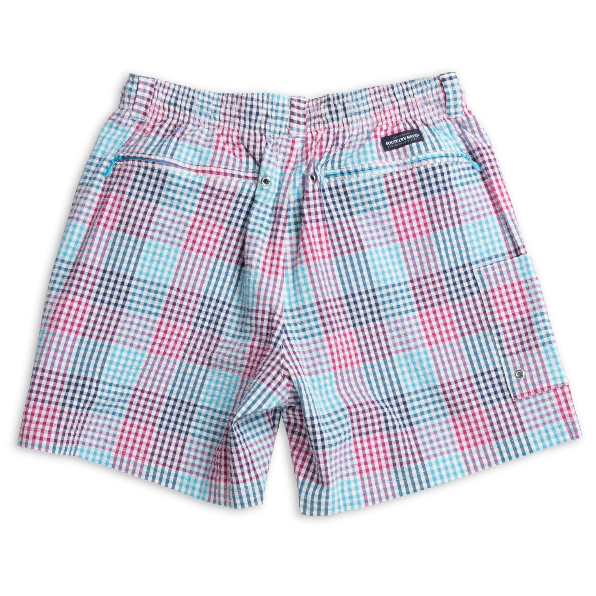 Southern Marsh Dockside Swim Trunks - Seersucker Gingham, Navy & Teal, Medium