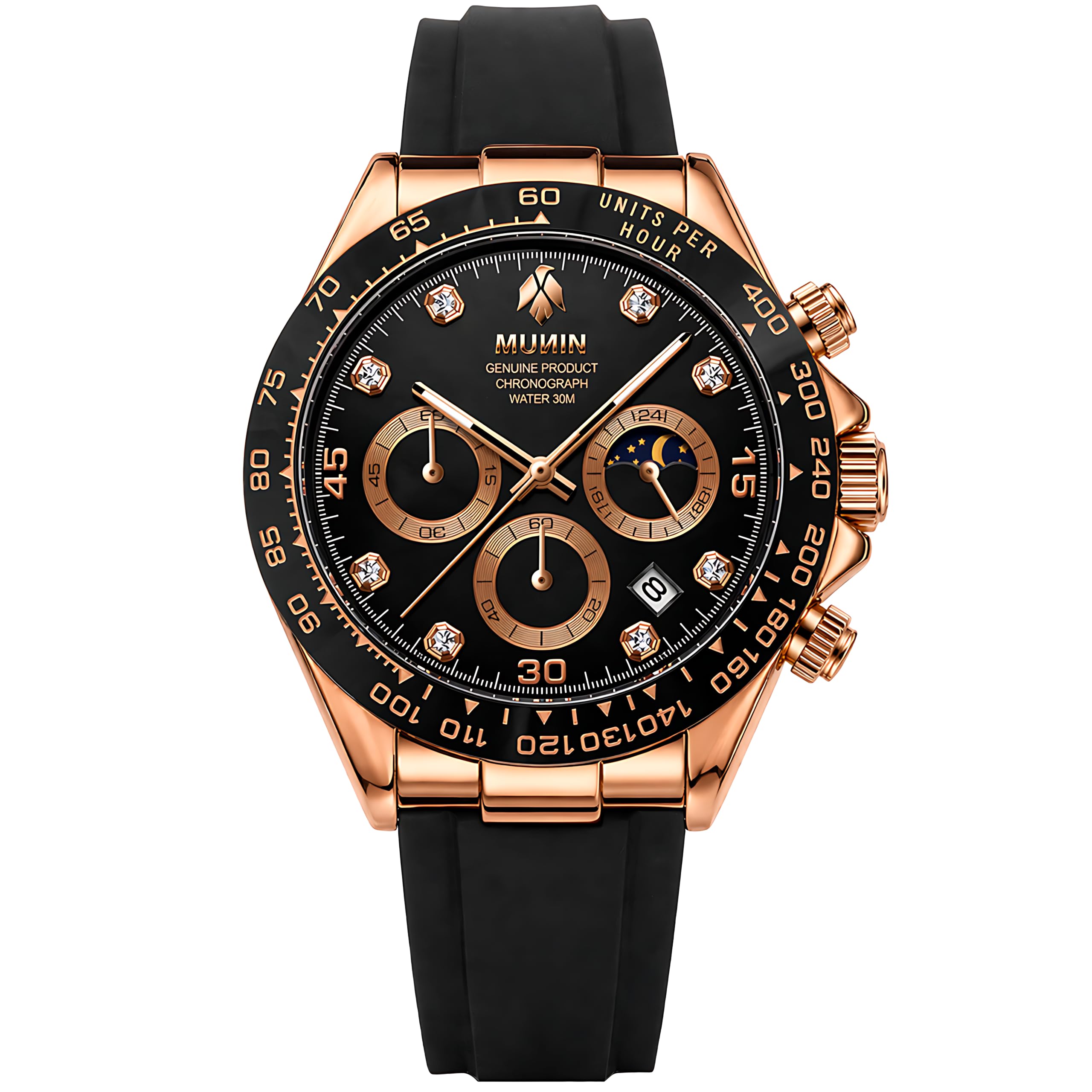 Munin Reloj de Hombre Cobre, Reloj clásico Negro con Detalles en Cobre, Cronógrafo, Correa de Caucho, Movimiento de Cuarzo, Analógico con 3 subsferas