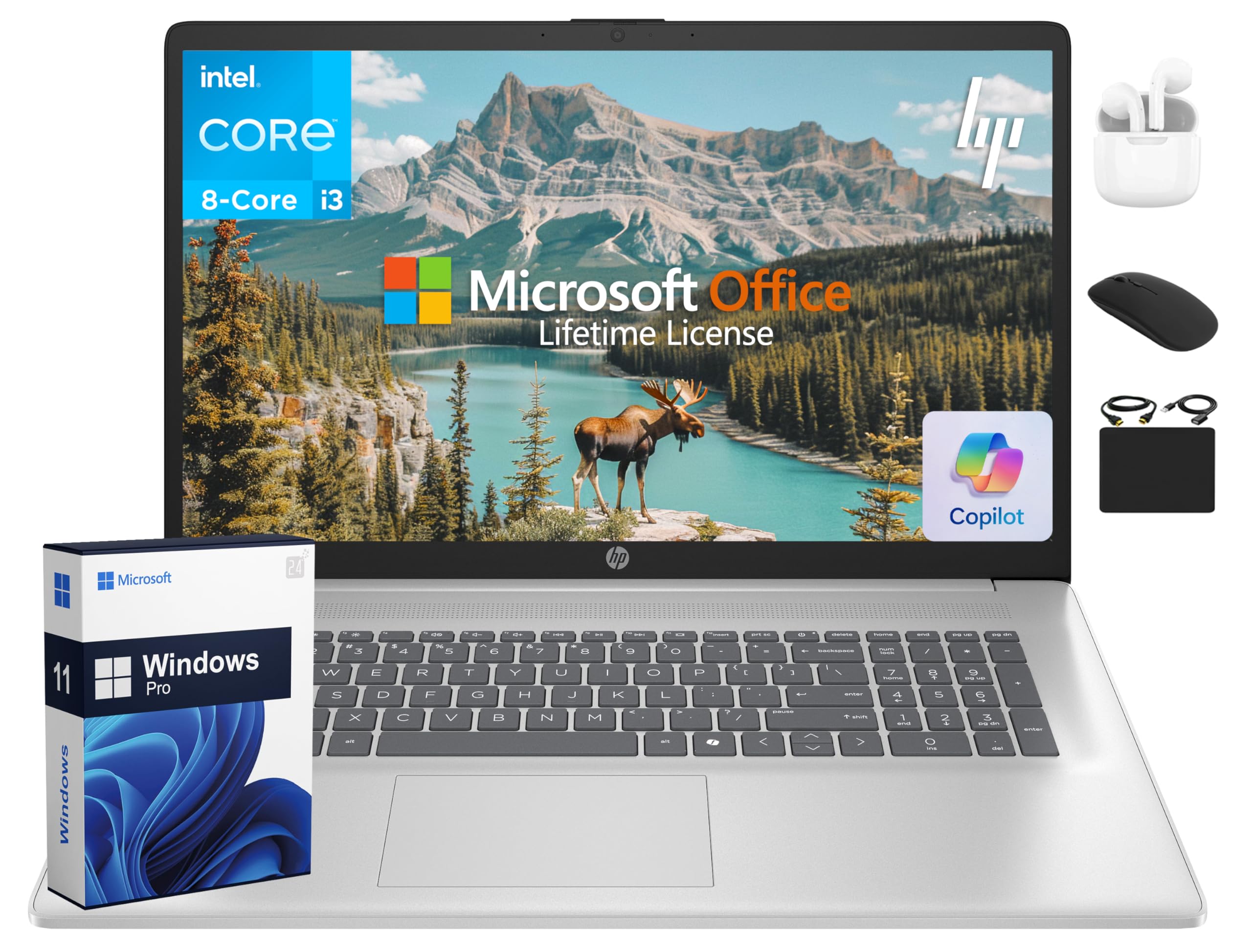 HP 17 Laptop 2025 Pavilion, 17.3" HD+ Business Computer, 8-Core Intel i3 Processor, 16GB RAM & 1.5TB Storage (1TB SSD + 500GB Ext), Wi-Fi 6, Long